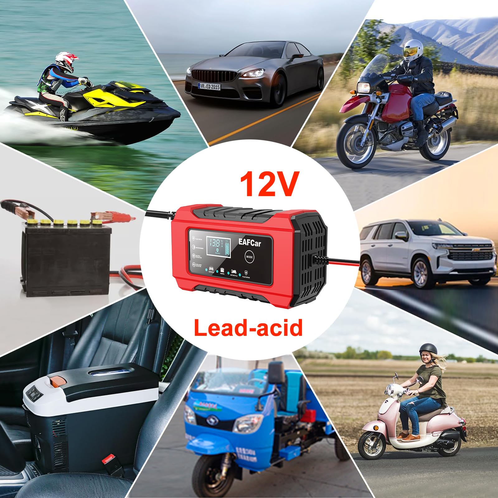 12V 6A Smart Automatic Car Battery Charger & Maintainer with Temperature Compensation - Lead Acid Battery Trickle Charger for Cars, Trucks, SUVs, Motorcycles & Marine Vehicles - Ideal for Winter Storage & Long-Term Maintenance