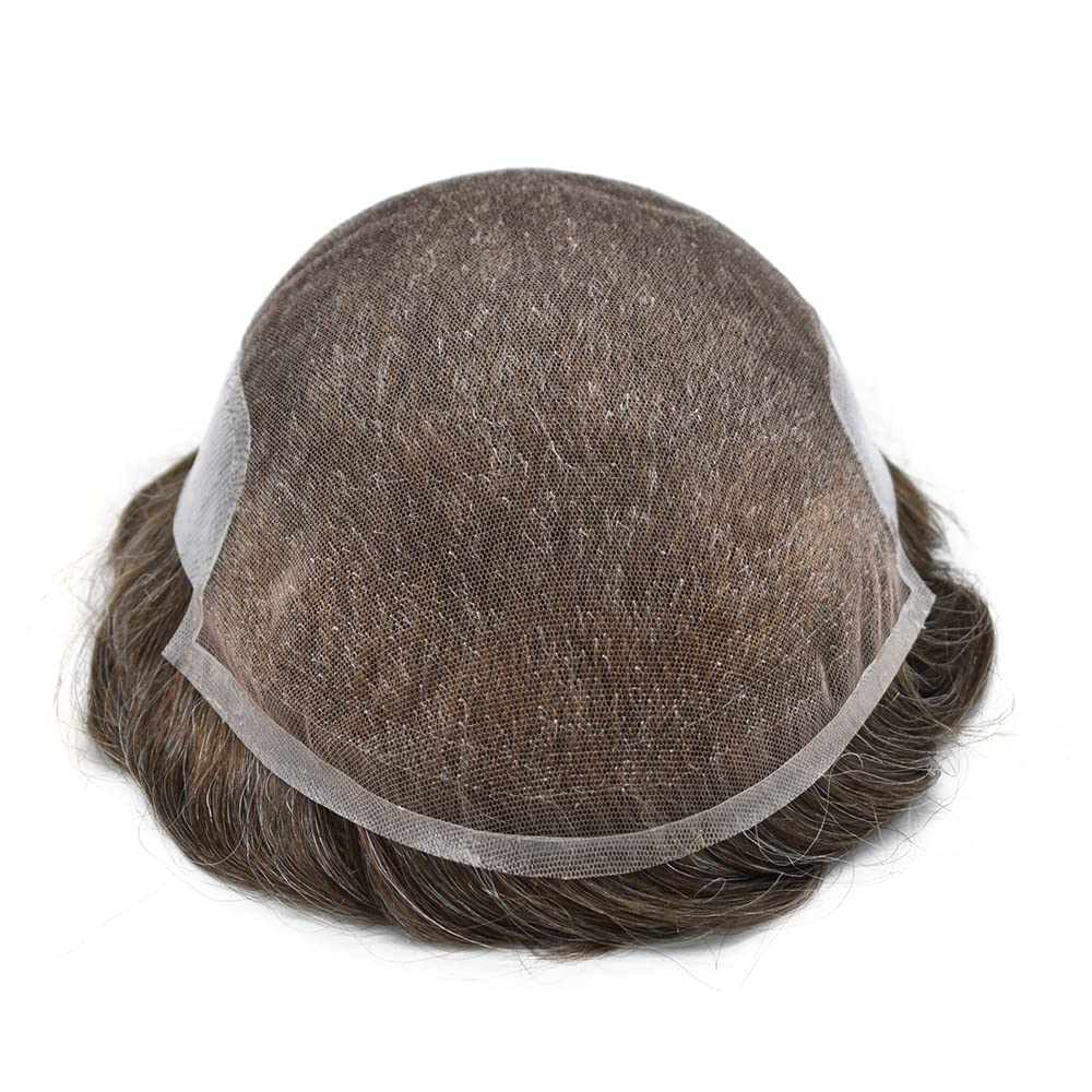 **Men's Swiss Lace Toupee - 100% Human Hair Replacement System with PU Bleached Knots & Natural Hairline | 8