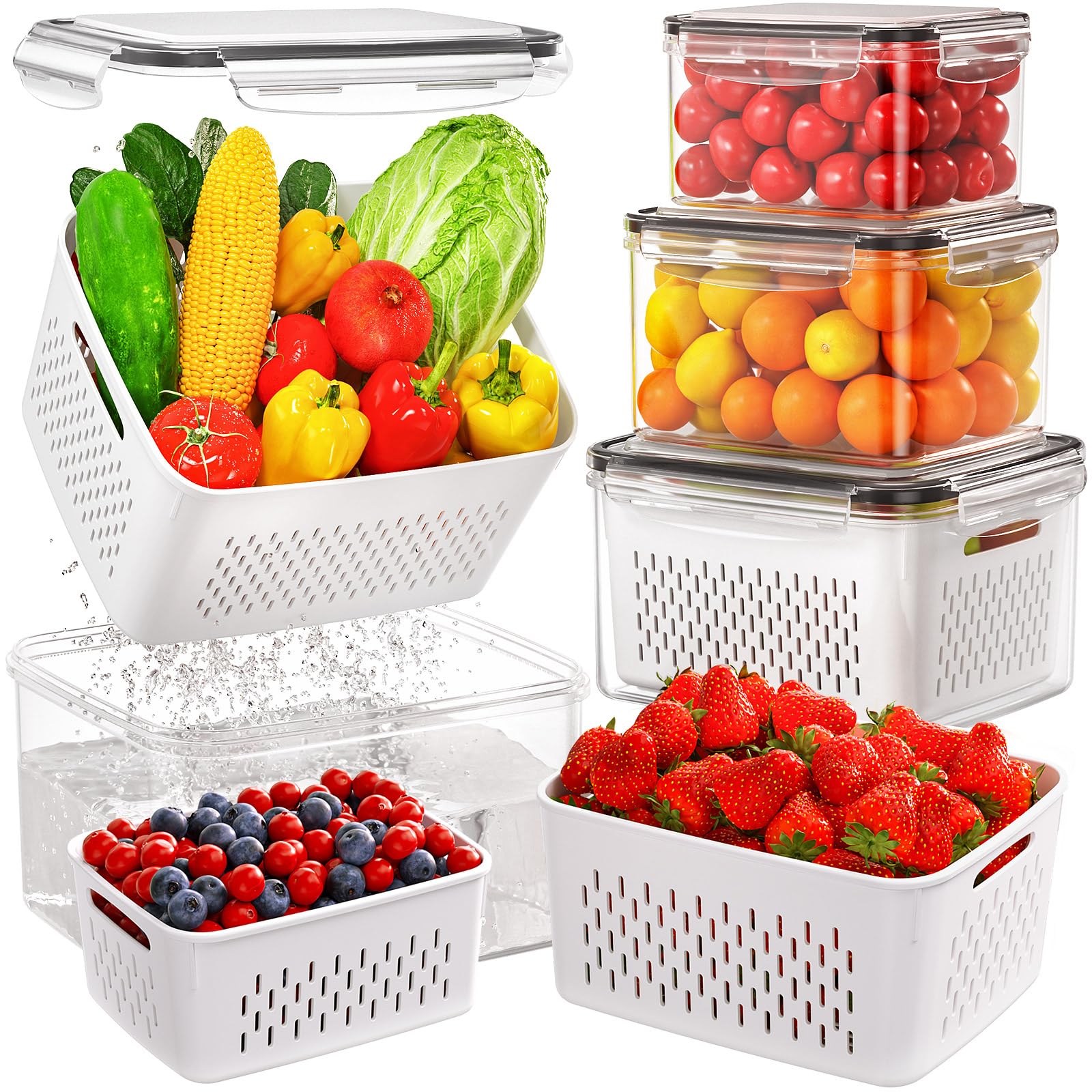 4-Piece Fruit Storage Containers for Refrigerator - Airtight Produce Keepers with Removable Colander & Strainer, Microwave & Dishwasher Safe - Perfect for Storing Berries, Salad Greens, Lettuce & Fresh Fruits in Kitchen or Fridge