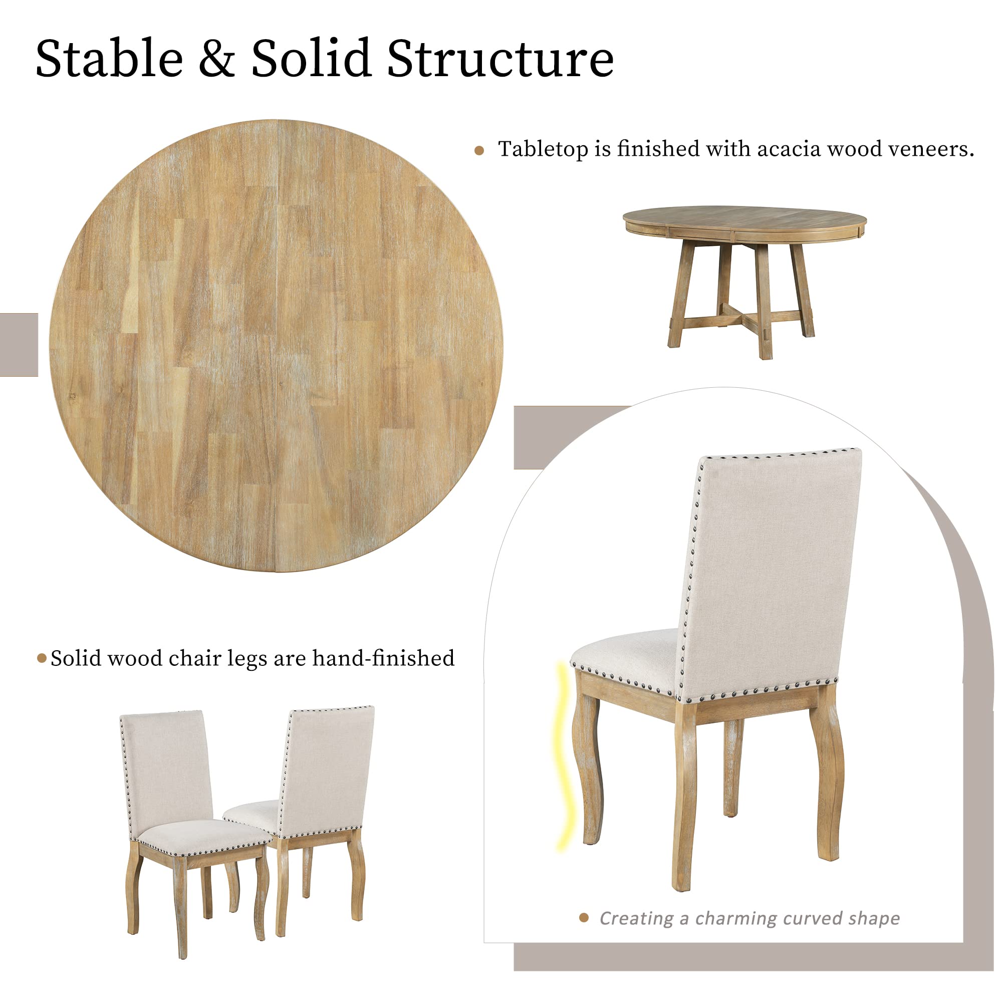 5-Piece Extendable Round Dining Table Set with 4 Upholstered Chairs - Farmhouse Retro Style Wooden Table for 4-6 People - Natural Wood Finish - Perfect for Small Kitchens, Dining Rooms & Cozy Family Gatherings