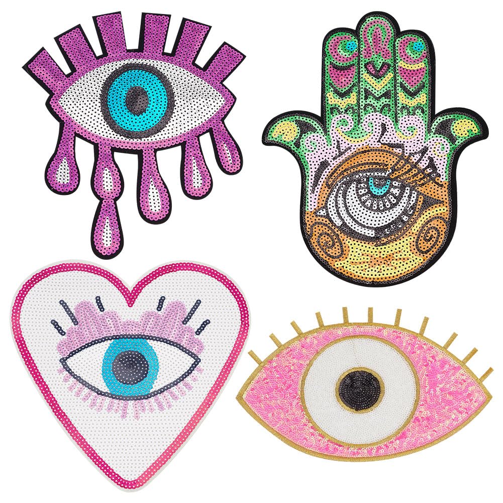 INFUNLY 4PCS Large Evil Eye Embroidered Iron-On Patches - Heart & Hand Rhinestone Appliques for DIY Clothing, Jackets, Bags - Sew On Repair Patches for Fashion & Craft Projects (Boho Style Decor)