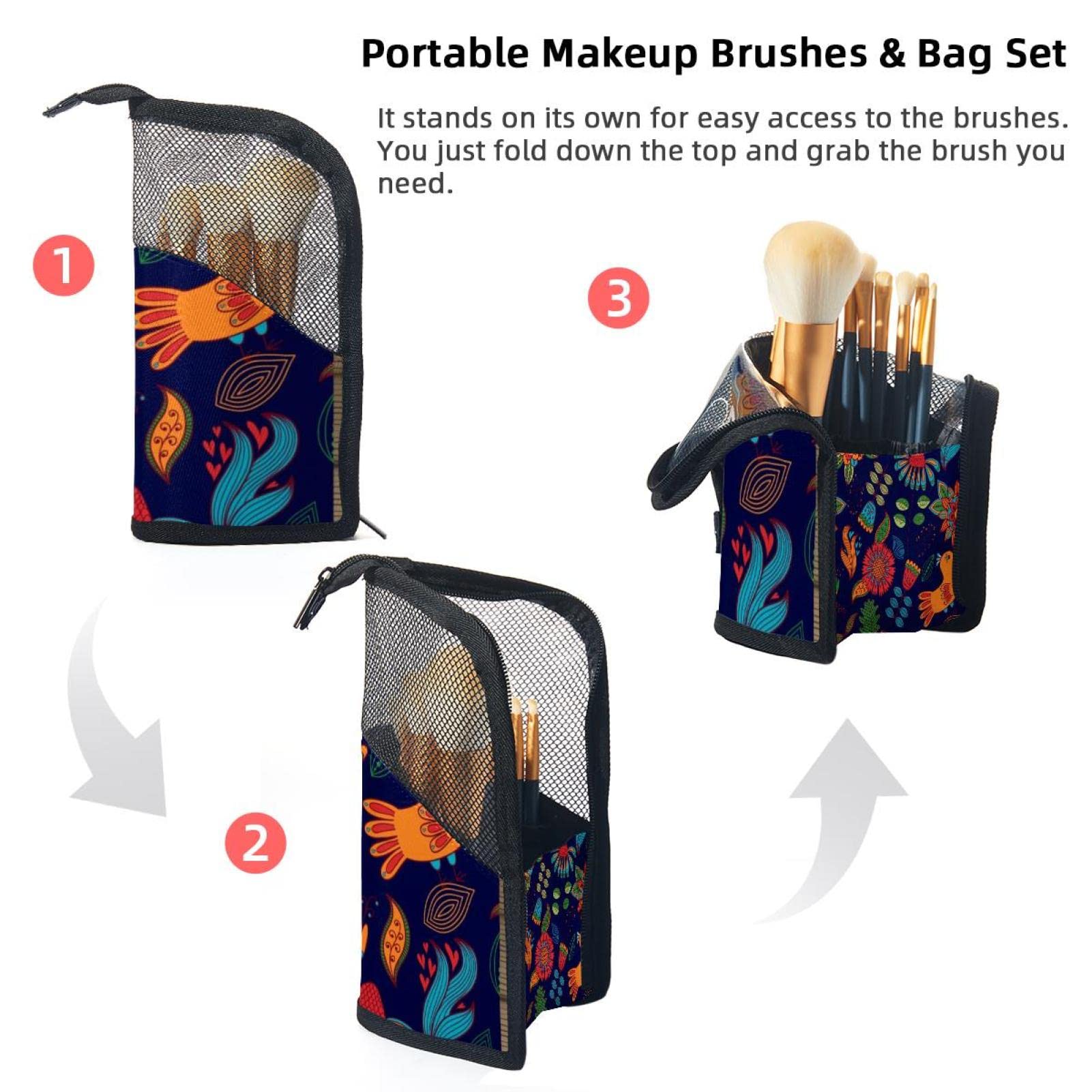 Retro Birds Makeup Brush Organizer Bag with 12 Brushes - Portable Cosmetic Brush Holder Set for Travel, Wedding & Professional Makeup Artists