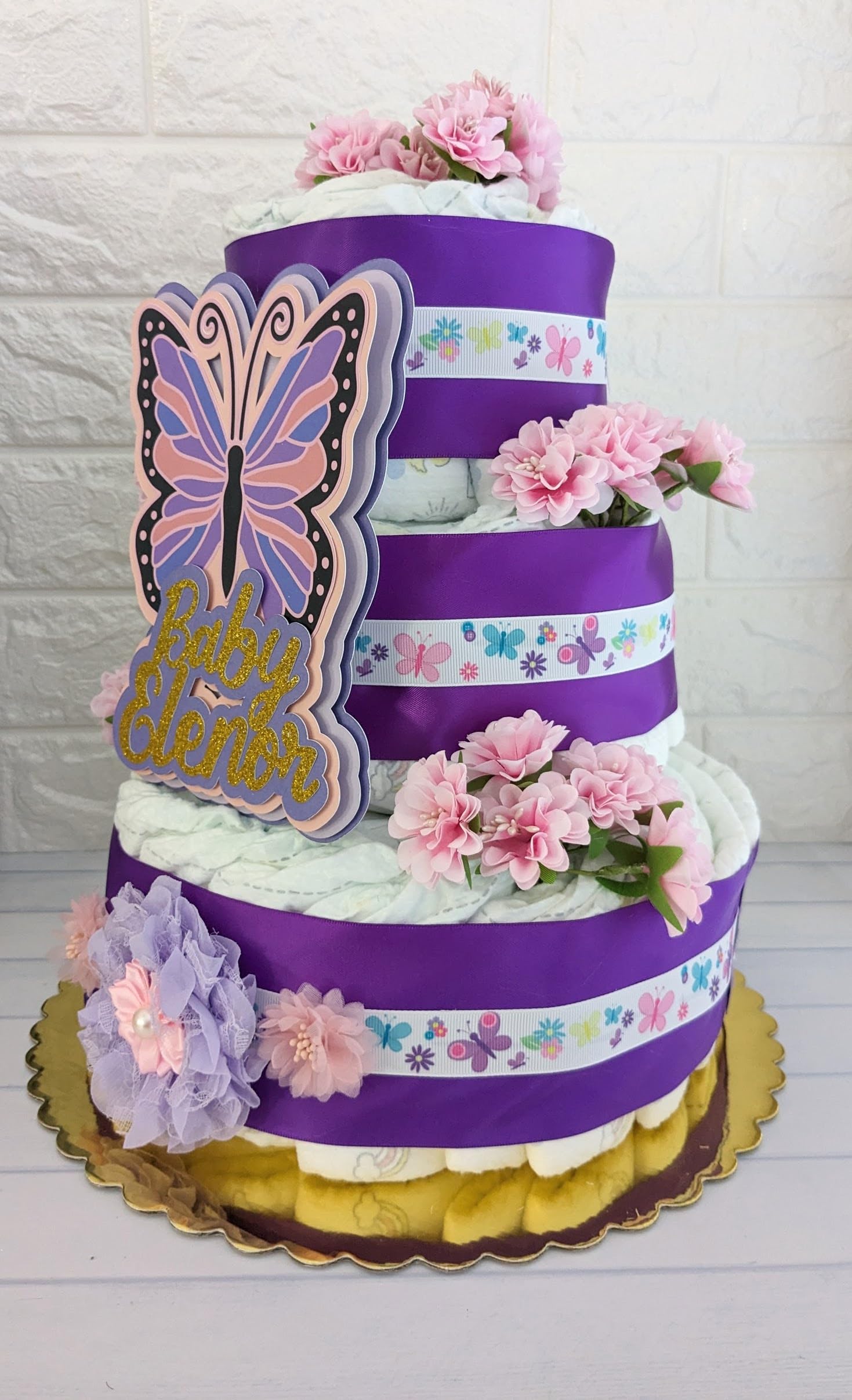 Handmade Purple and Pink Butterfly Theme Diaper Cake for Baby Girl Showers - Custom Name Keepsake Gift, Sprinkle Table Centerpiece & Photo Prop | Perfect for Baby Showers, Gender Reveals & Nursery Decor