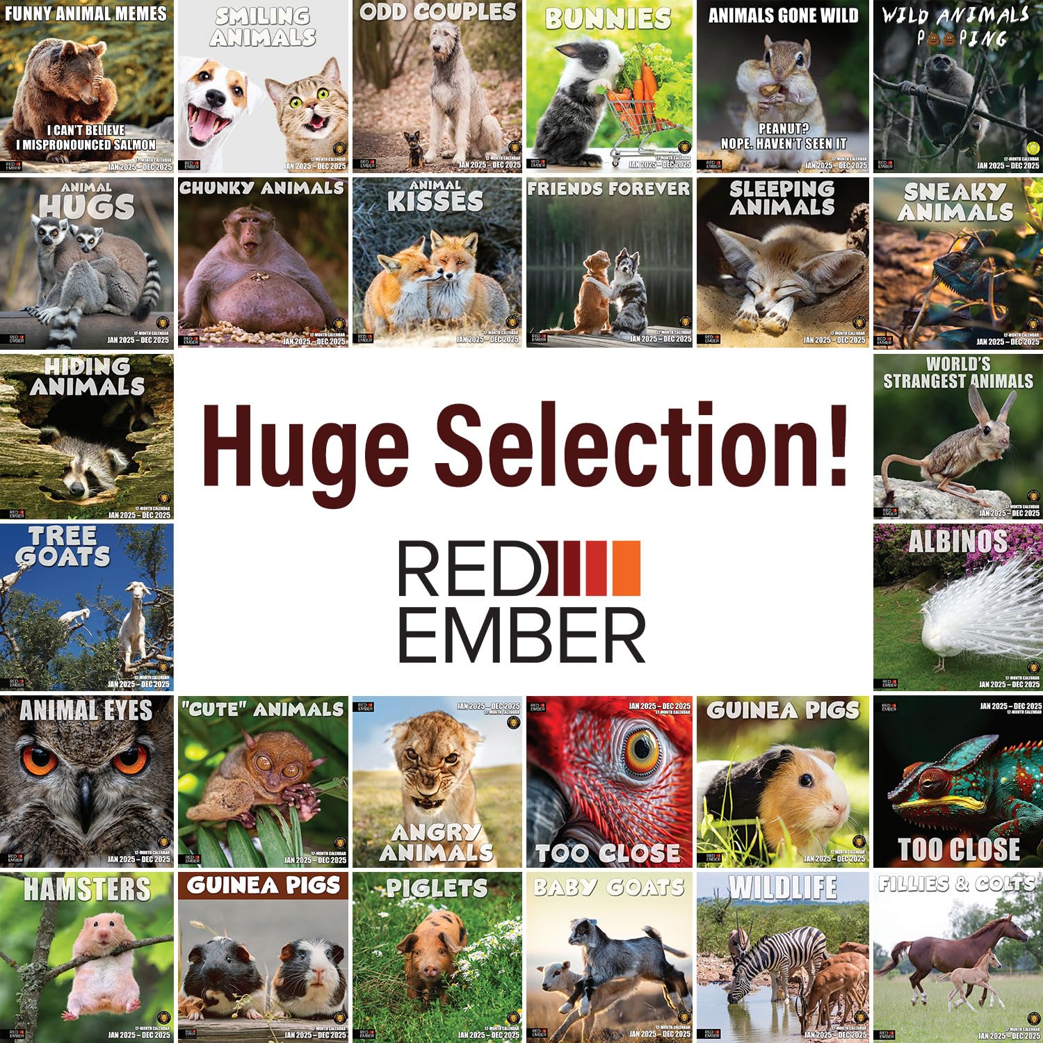 RED EMBER Smiling Animals 2025 Wall Calendar - 12 Months, 12