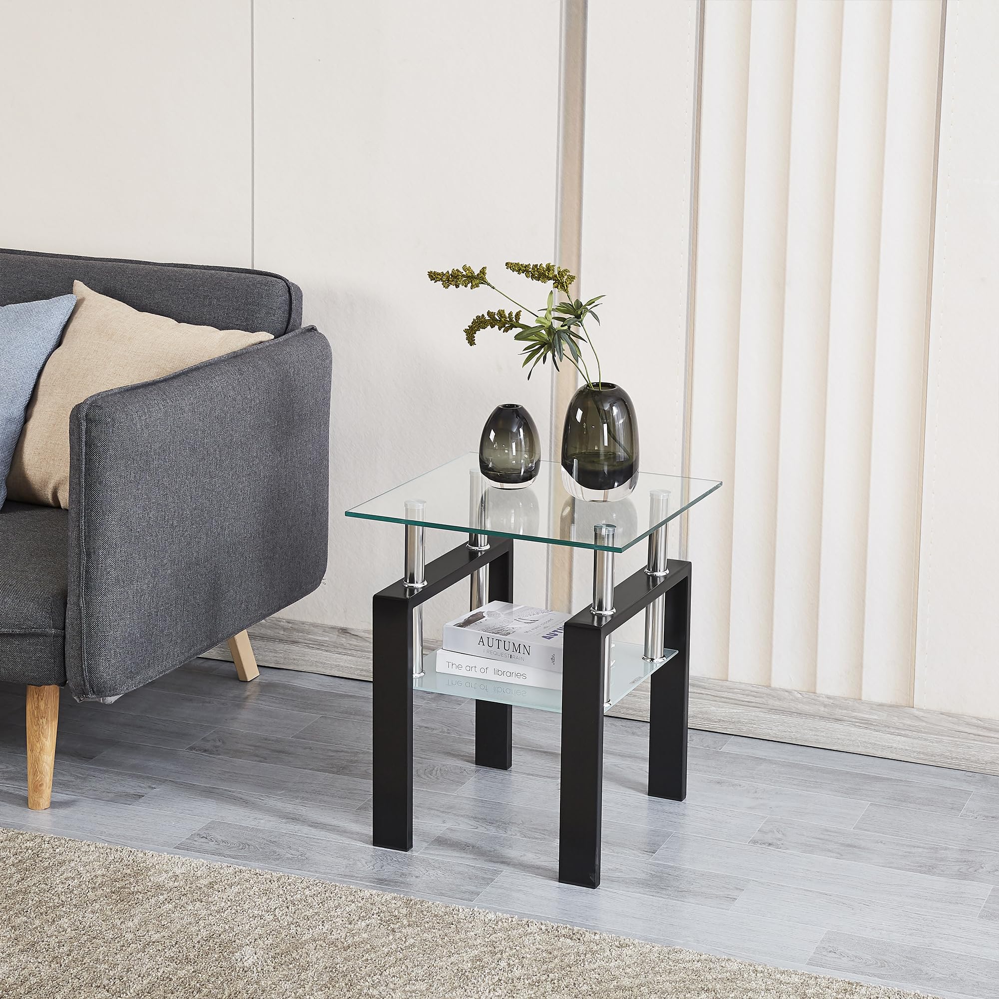 Modern Clear Glass Coffee Table Set of 3 with Black Metal Legs - Transparent Waterfall Living Room Tables for Small Spaces - Perfect for Apartments, Condos & Contemporary Home Decor