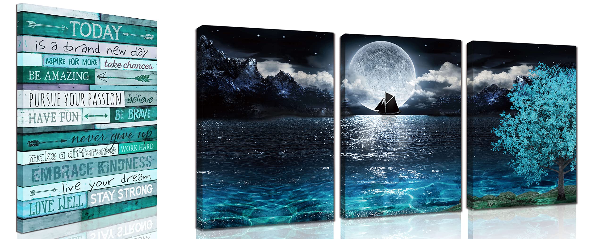 aburaeart Inspirational Wall Art - Motivational Quotes Office Decor, Moon & Teal Ocean Modern Wall Art for Living Room, Bedroom & Workspace - Perfect for Home, Office & Meditation Spaces