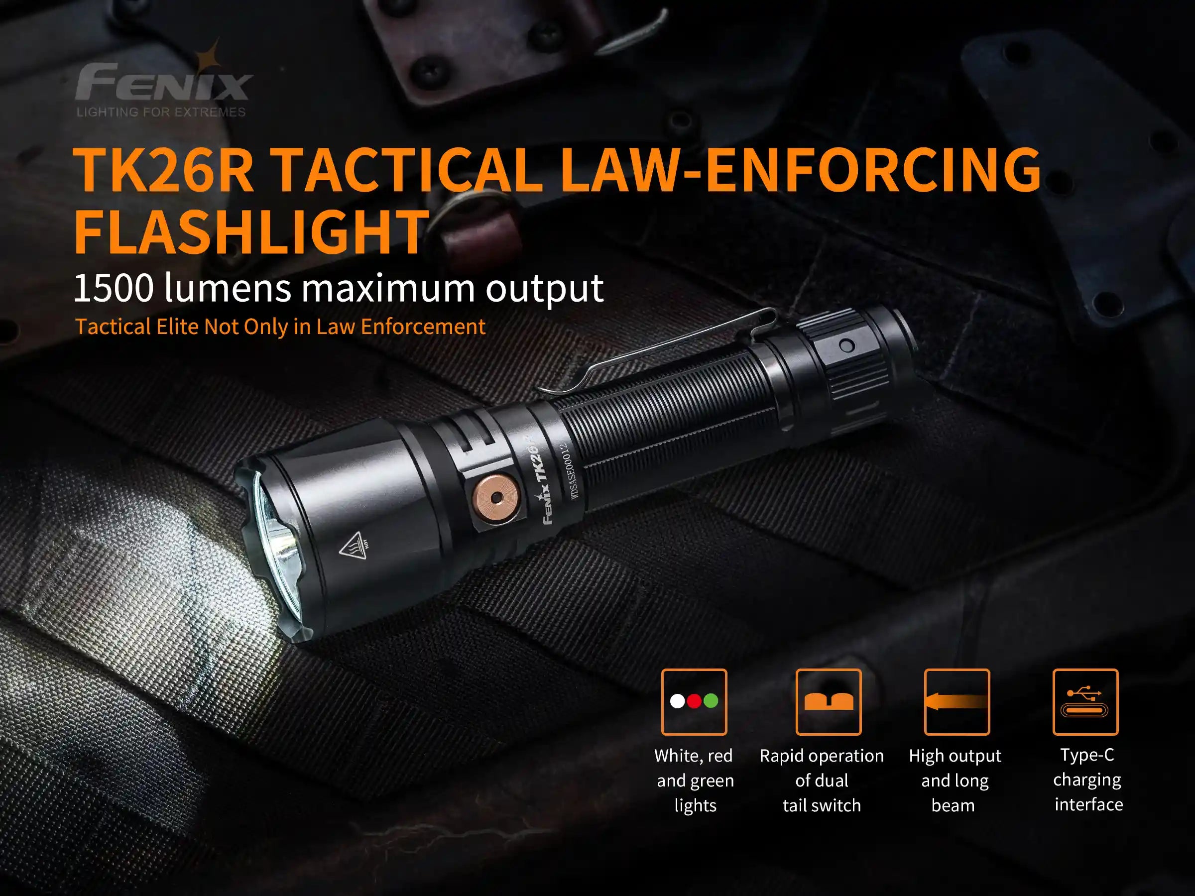 Fenix TK26R Tactical LED Flashlight - 1500 Lumens High Power Rechargeable Flashlight for Camping, Hiking, Emergency & Outdoor Adventures