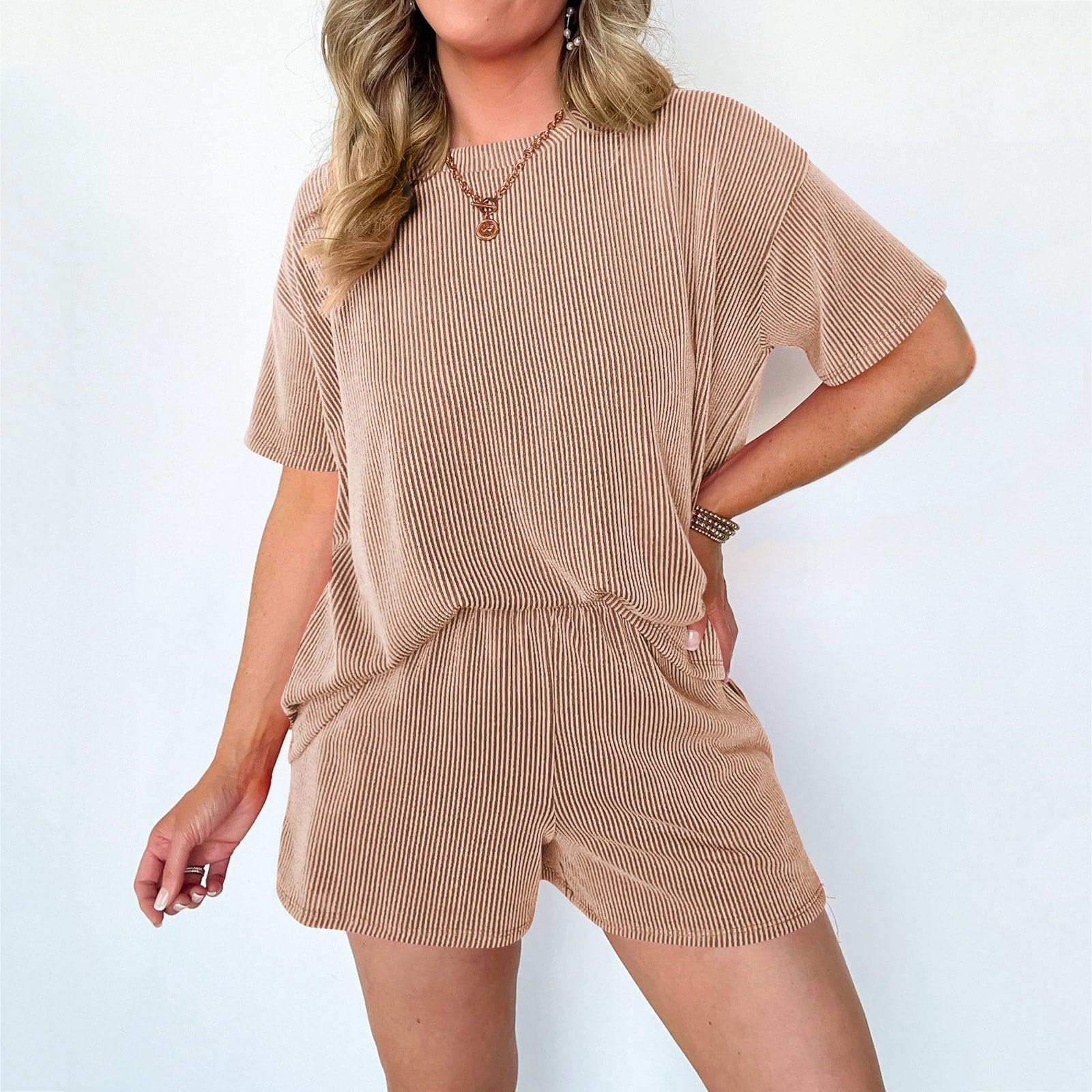 Women's 2-Piece Travel Outfits - Solid Color Crew Neck T-Shirt & Striped Print Shorts Set | Casual Summer Vacation Clothes for Beach, Road Trips & Outdoor Adventures