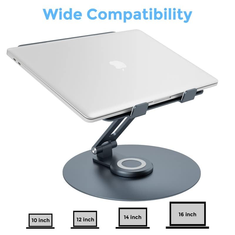 Swivel Laptop Stand for Desk - Adjustable Height, 360° Rotating Base, Foldable Ergonomic Riser, Portable Laptop Holder for MacBook & All 10-17'' Laptops, Grey - Perfect for Home Office, Gaming & Study