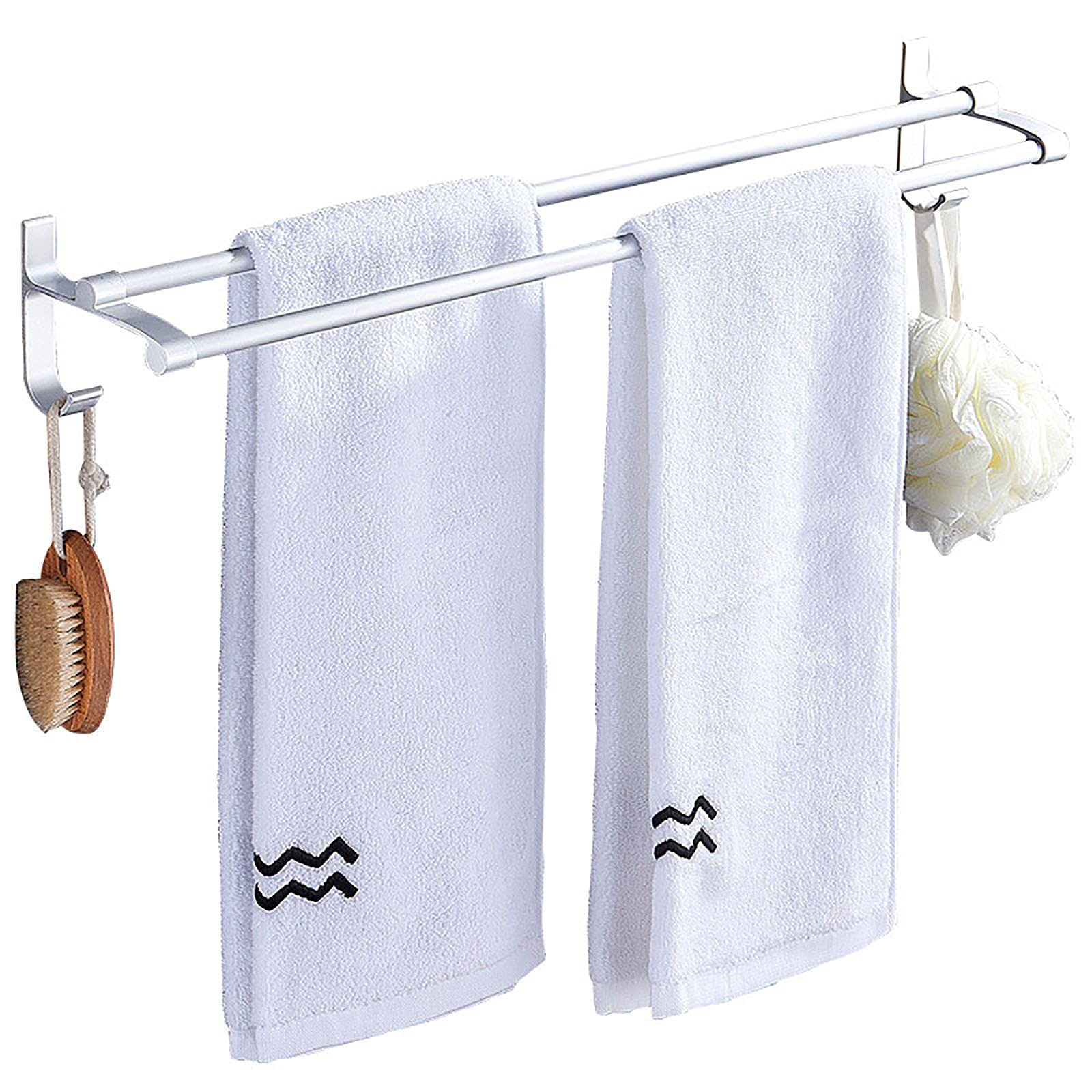 Premium Aluminum Wall Mounted Bathroom Shelves - Double Pole Towel Rack with Hooks for Bathroom Organization | Rustproof Space-Saving Storage Solution for Towels, Robes & Toiletries | Perfect for Small Bathrooms, Apartments & RV Showers