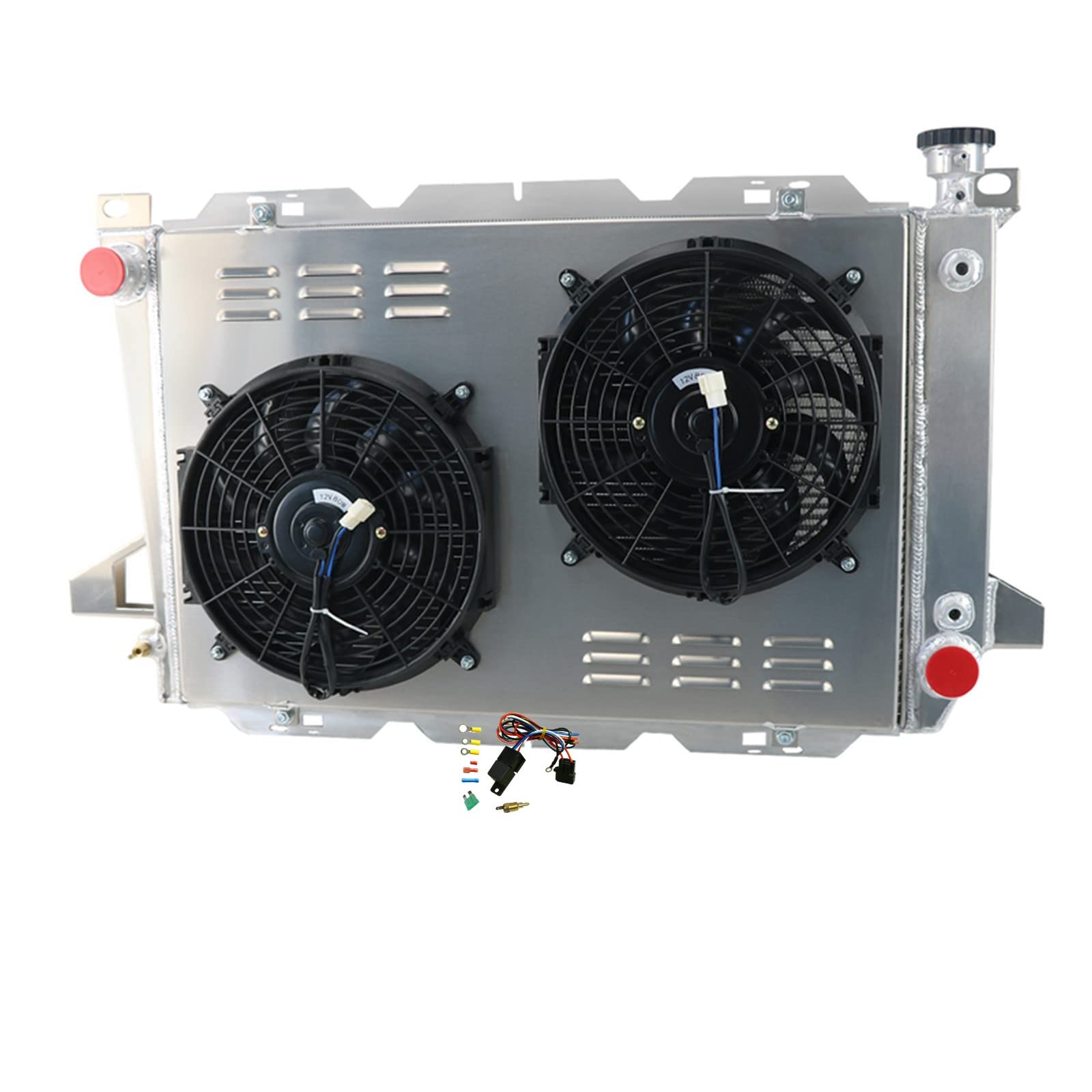High-Performance 4 Row Aluminum Radiator for 1985-1996 Ford F150 F250 F350 Bronco - Complete Cooling Kit with Fan Shroud & Thermostat Relay - Perfect for Off-Roading, Towing & Hot Weather Driving