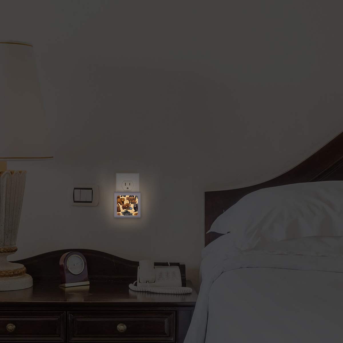 Dimmable LED Night Light with Auto On/Off Sensor - Adjustable Brightness Warm Light for Bathroom, Hallway, Nursery & Bedrooms - Bear Design by Dan Morris - Perfect for Nighttime Safety & Comfort