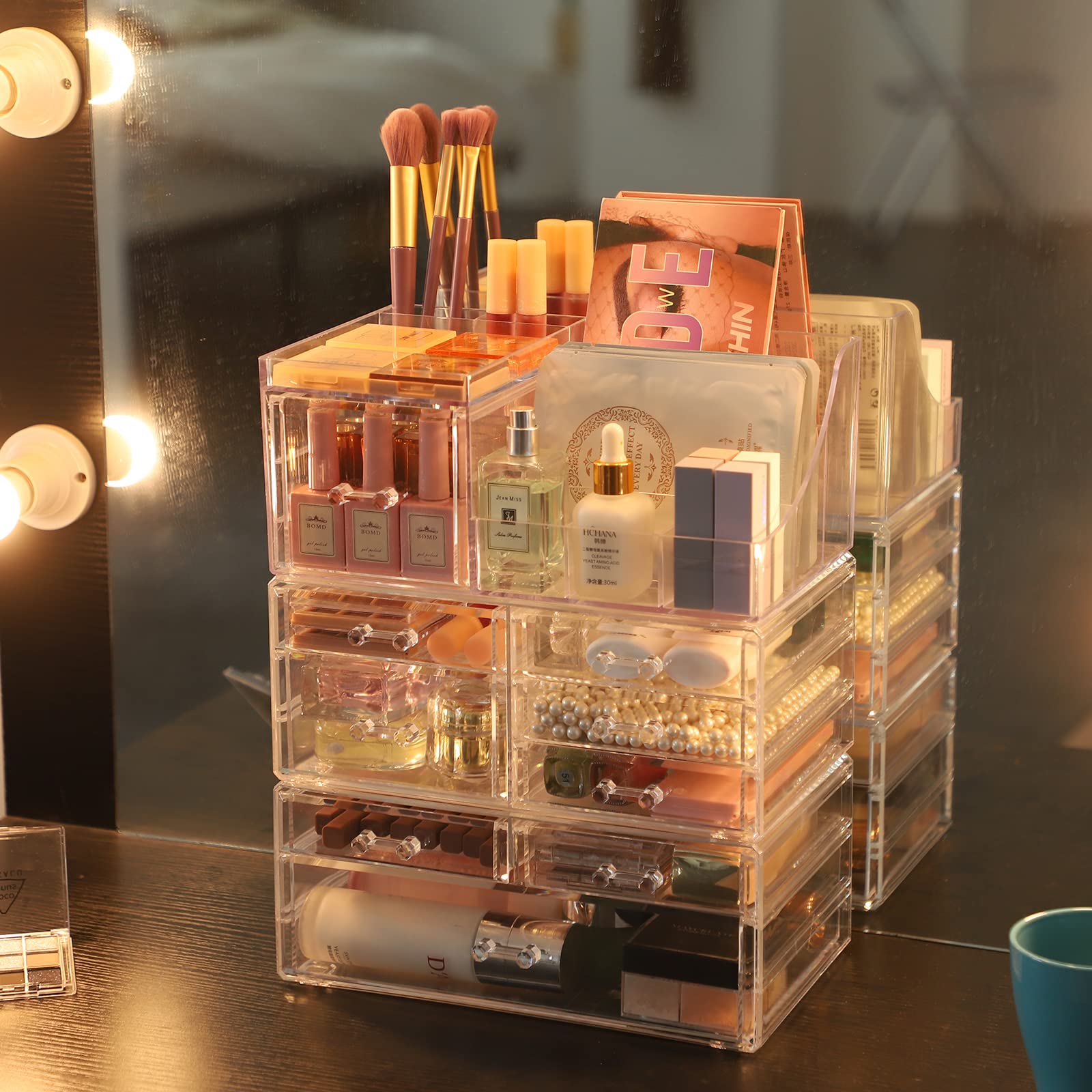 3-Pack Clear Acrylic Makeup Organizer with 9 Stackable Drawers - Countertop Vanity Storage for Jewelry, Hair Clips & Beauty Products - Perfect for Dresser, Desk and Bathroom Organization