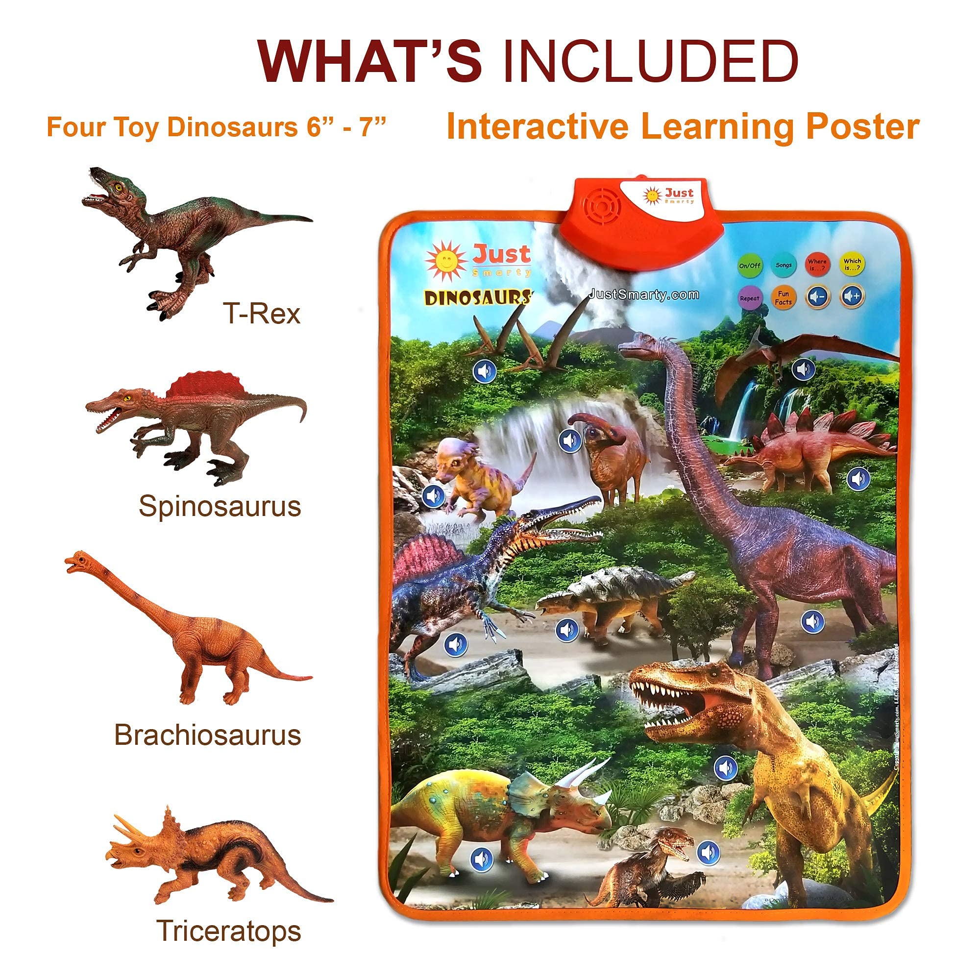 Just Smarty Interactive Dinosaur Toys & Learning Poster for Kids Ages 3-5 | Educational Dinosaur Set with Spinosaurus, T-Rex, Velociraptor & More | Perfect for Preschool Learning, Birthday Party Favors & STEM Playtime