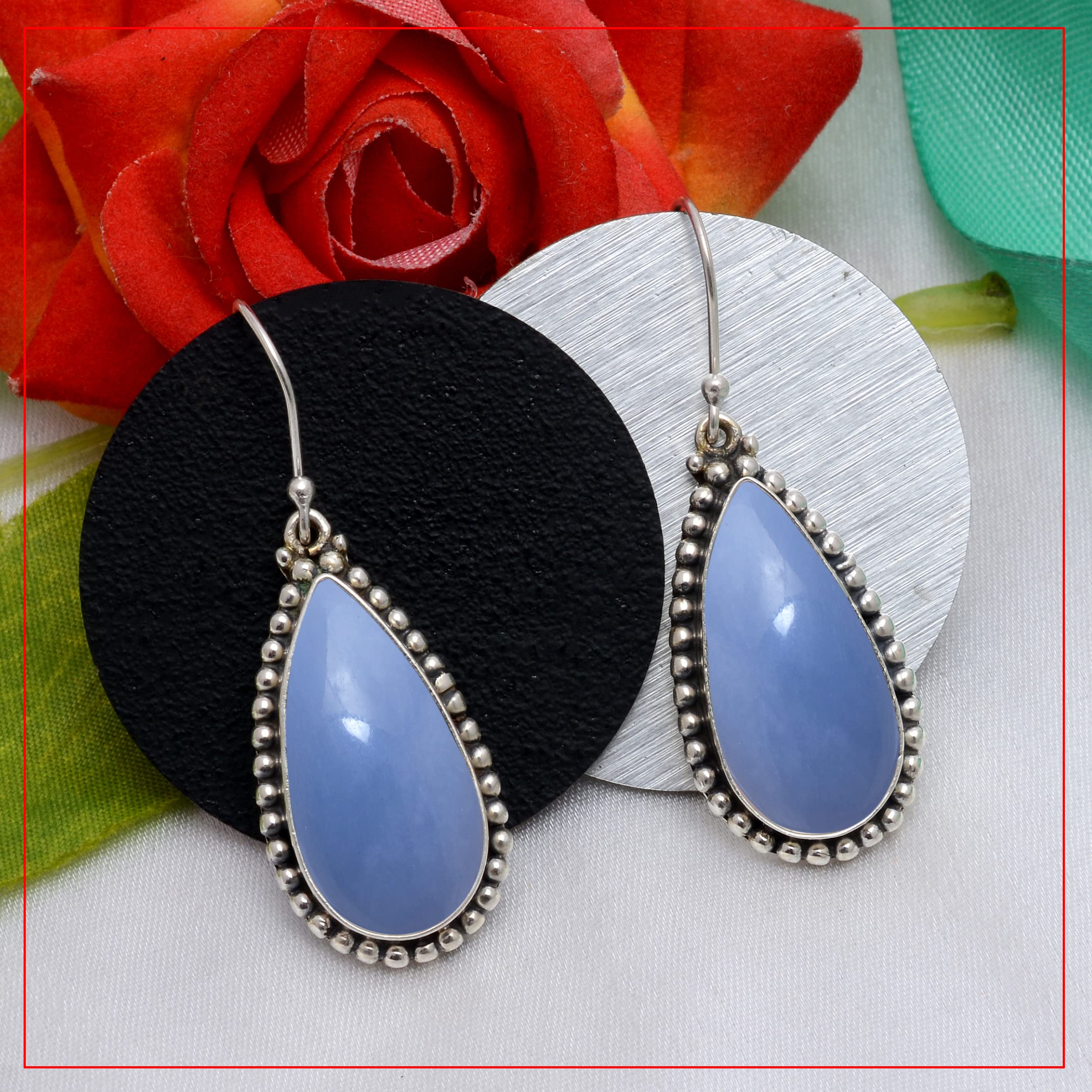 Veracity Jewelry Angelite Earrings for Women - 925 Sterling Silver Dangle Earrings with Blue Angelite Gemstone - Handmade Healing Jewelry for Inner Peace & Spiritual Balance - Perfect for Meditation, Yoga & Everyday Wear