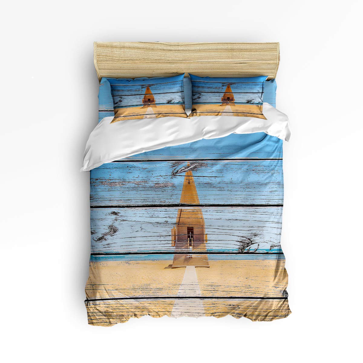 Trendy Queen Size 4-Piece Duvet Cover Set - Coastal Wooden House Design for Kids Bedroom Decor | Includes 1 Flat Sheet, 1 Duvet Cover & 2 Pillowcases | Perfect for Boys & Girls Rooms, Beach-Themed Home Decor