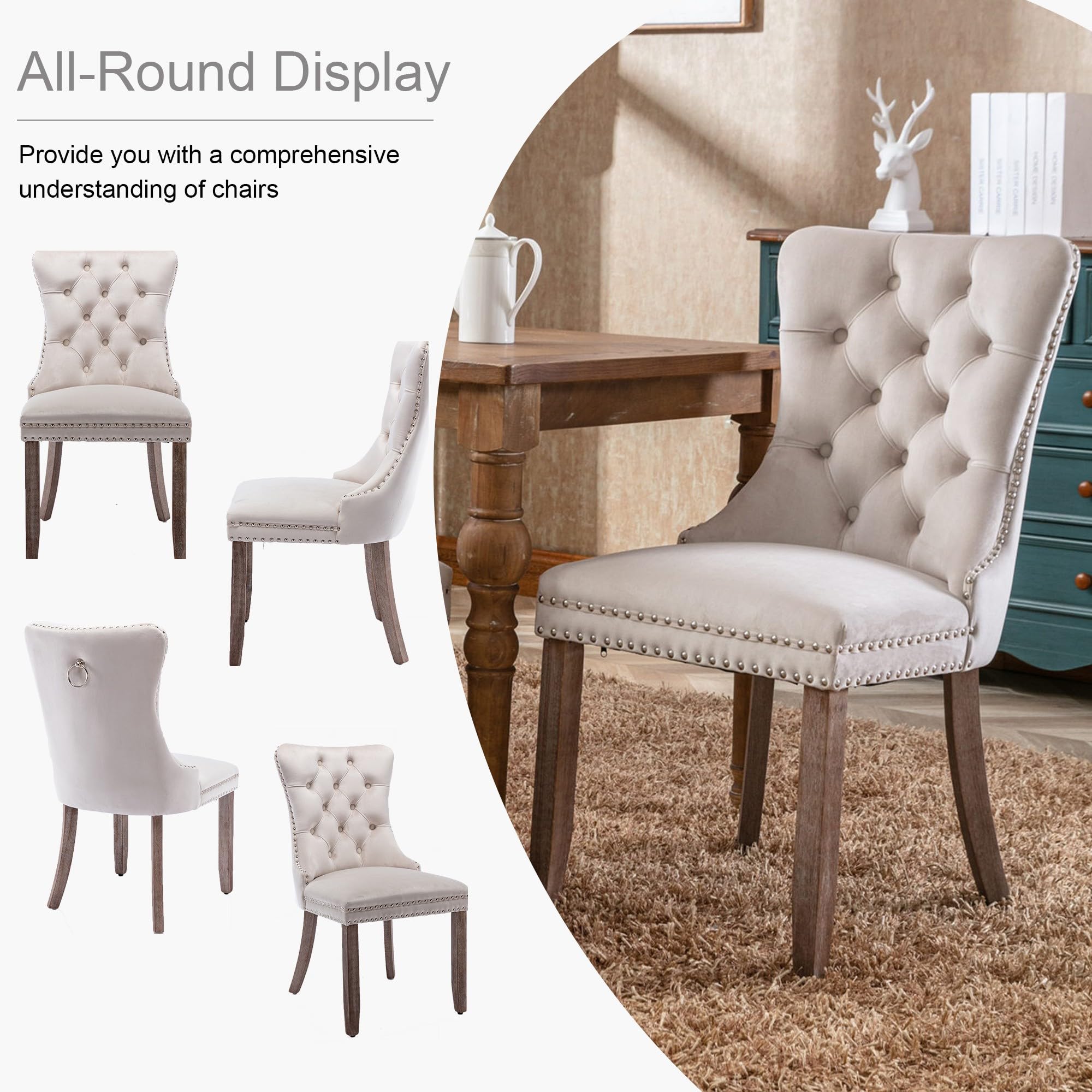 Luxury Velvet Upholstered Dining Chairs - Contemporary Button Tufted Design with Nailhead Trim & Wood Legs - Elegant Kitchen & Dining Room Furniture Set of 2 (Beige) - Perfect for Formal Dining, Entertaining Guests & Modern Home Decor