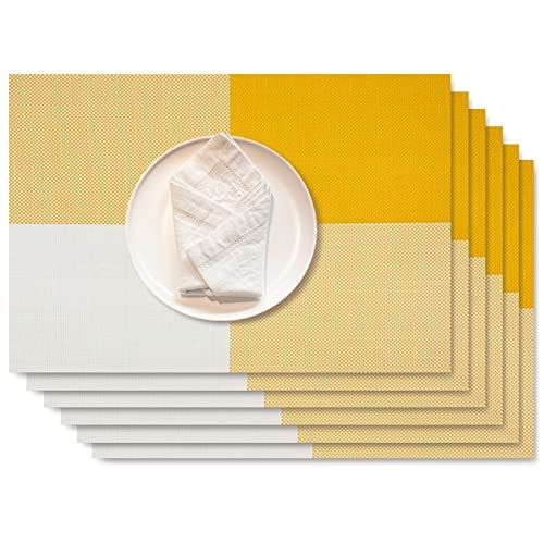 6-Pack PVC Heat-Resistant Placemats Set - Double Sided Washable Kitchen Table Mats, Easy to Clean Dining Table Protectors for Home, Restaurant & Office Use (Beige & Yellow)