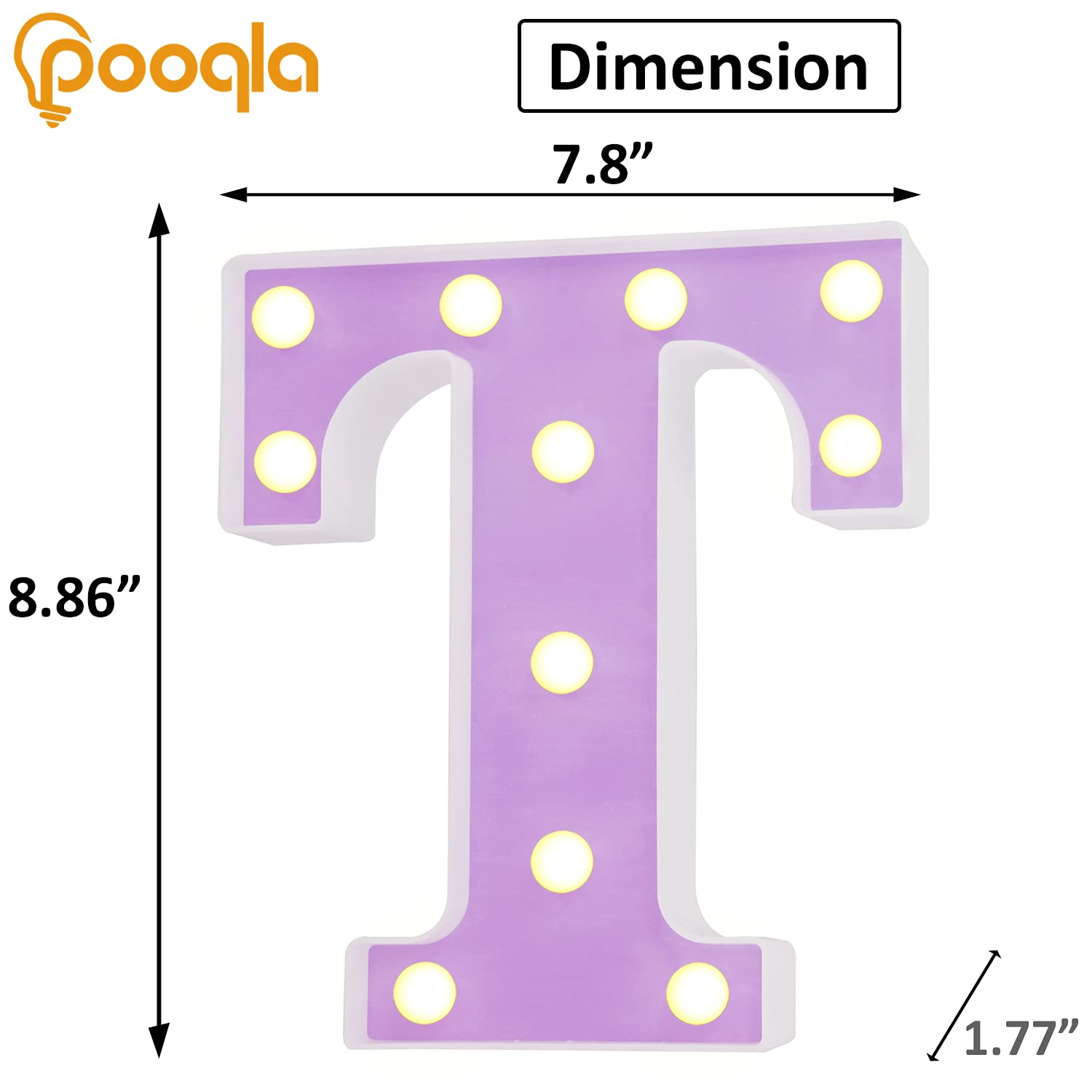 Pooqla Purple LED Letter Lights - DIY Alphabet Sign with Warm White LED for Home, Party, Birthday, Wedding & Bar Decor - Perfect for Wall Art, Nursery, Bedroom & Photo Backdrops (Letter T)