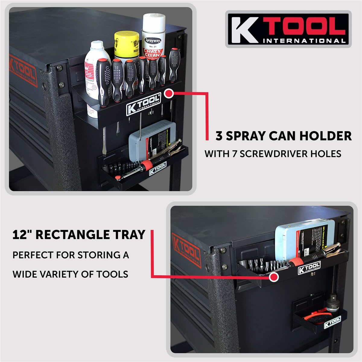 K Tool International 72462A Magnetic Toolbox Shelf Set - 4-Piece Garage Organizer with 2 Rubber Coated Trays, Paper Towel & Spray Can Holder for DIY, Auto Repair & Workshop Storage (Black) - Perfect for Tool Organization & Space Saving in Garages, Workshops & Home Repair Areas