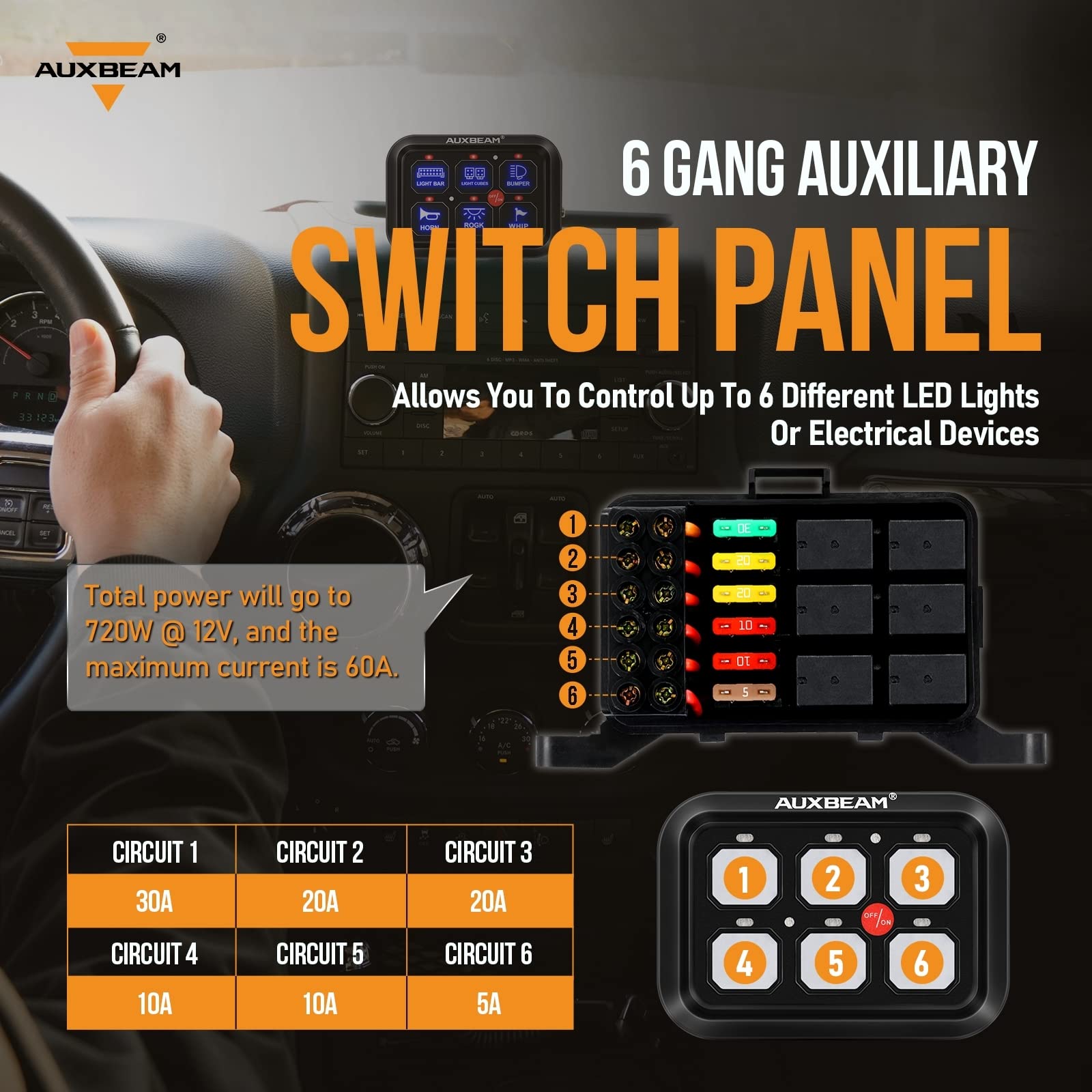 Auxbeam BC60 6 Gang Universal Switch Panel - Touch Control Relay System with Auto Dimmable LED for Cars, Trucks, Pickups, Boats & UTVs | Waterproof Circuit Control Box | Perfect for Off-Roading, Marine & RV Use (Blue, 2-Year Warranty)