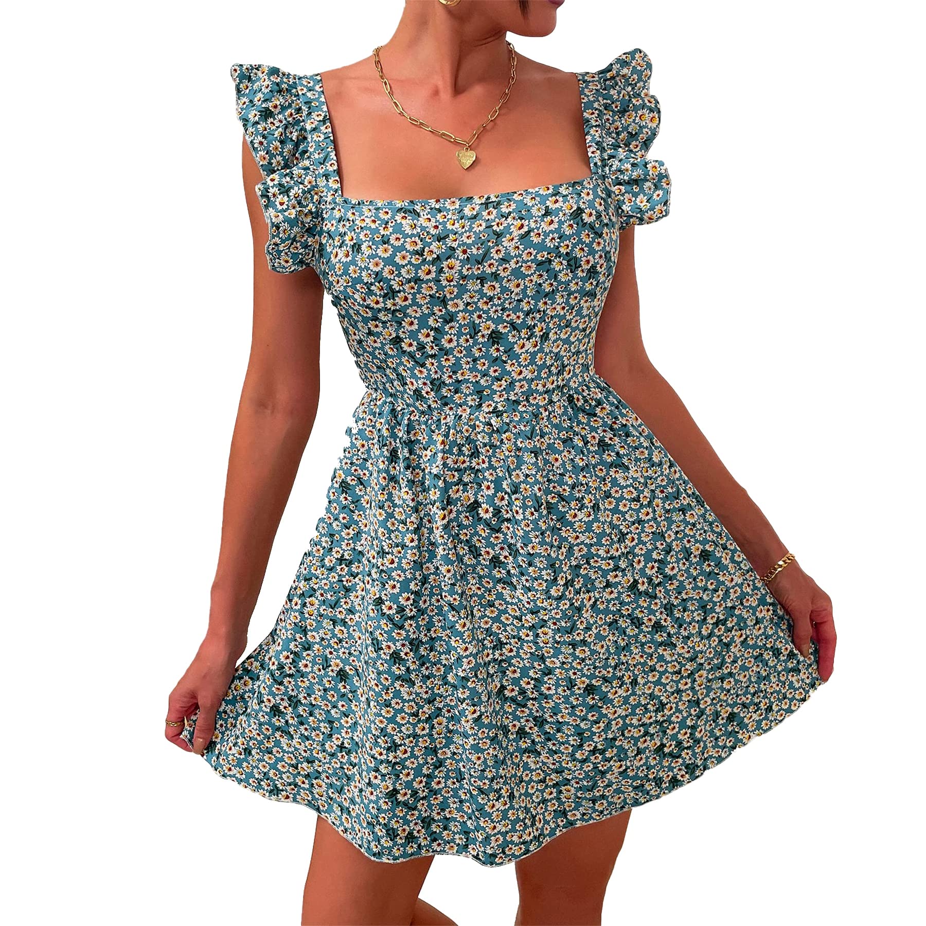 HDN Women's Cute Lace-Up Ruffle A-Line Flared Short Dress - Sleeveless Casual Summer Dress with Back Lace Detail | Perfect for Beach Vacations, Date Nights & Outdoor Parties
