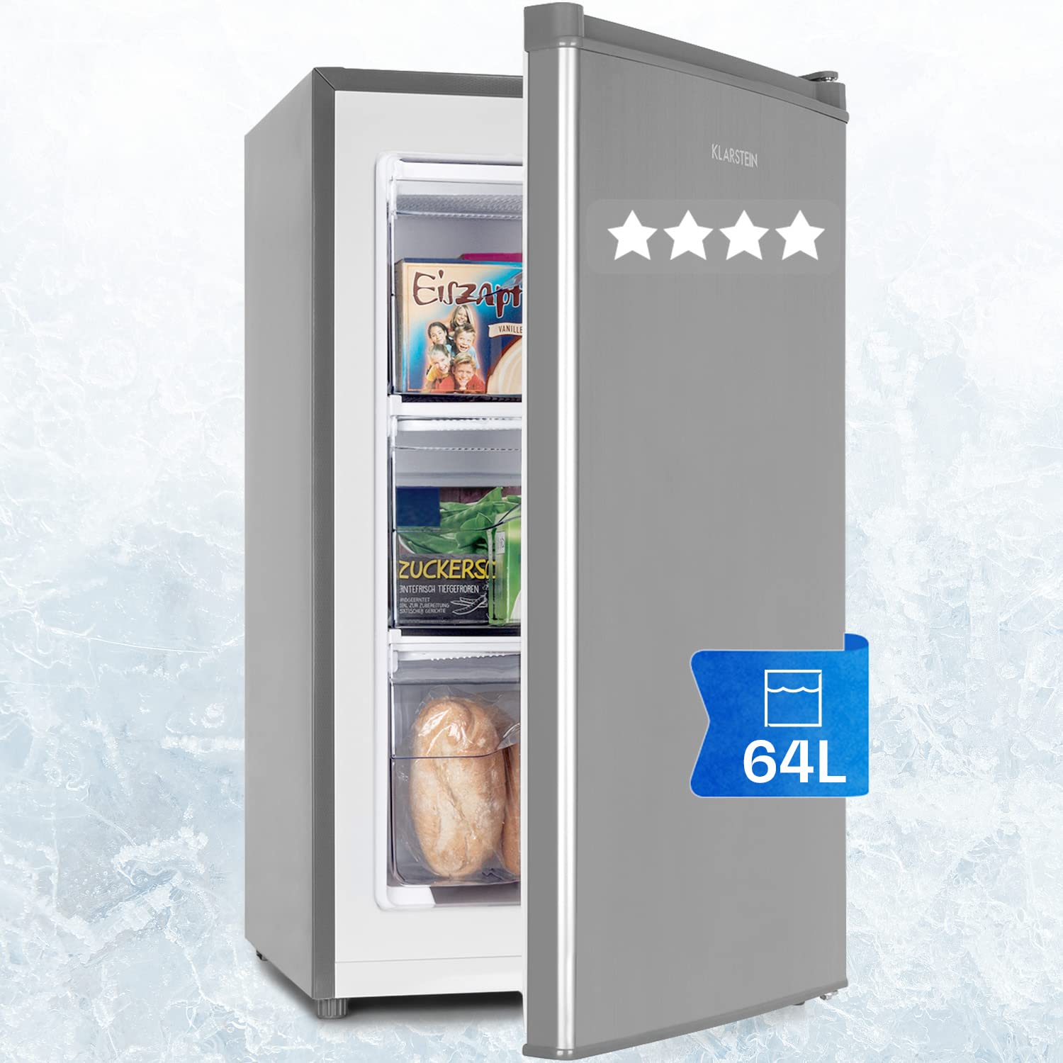 Klarstein 64L Energy Efficient Mini Freezer with Ice Tray - Compact Drawer Freezer for Bedroom, Office, Dorm & Small Spaces - Perfect for Storing Food, Drinks & Ice Cream
