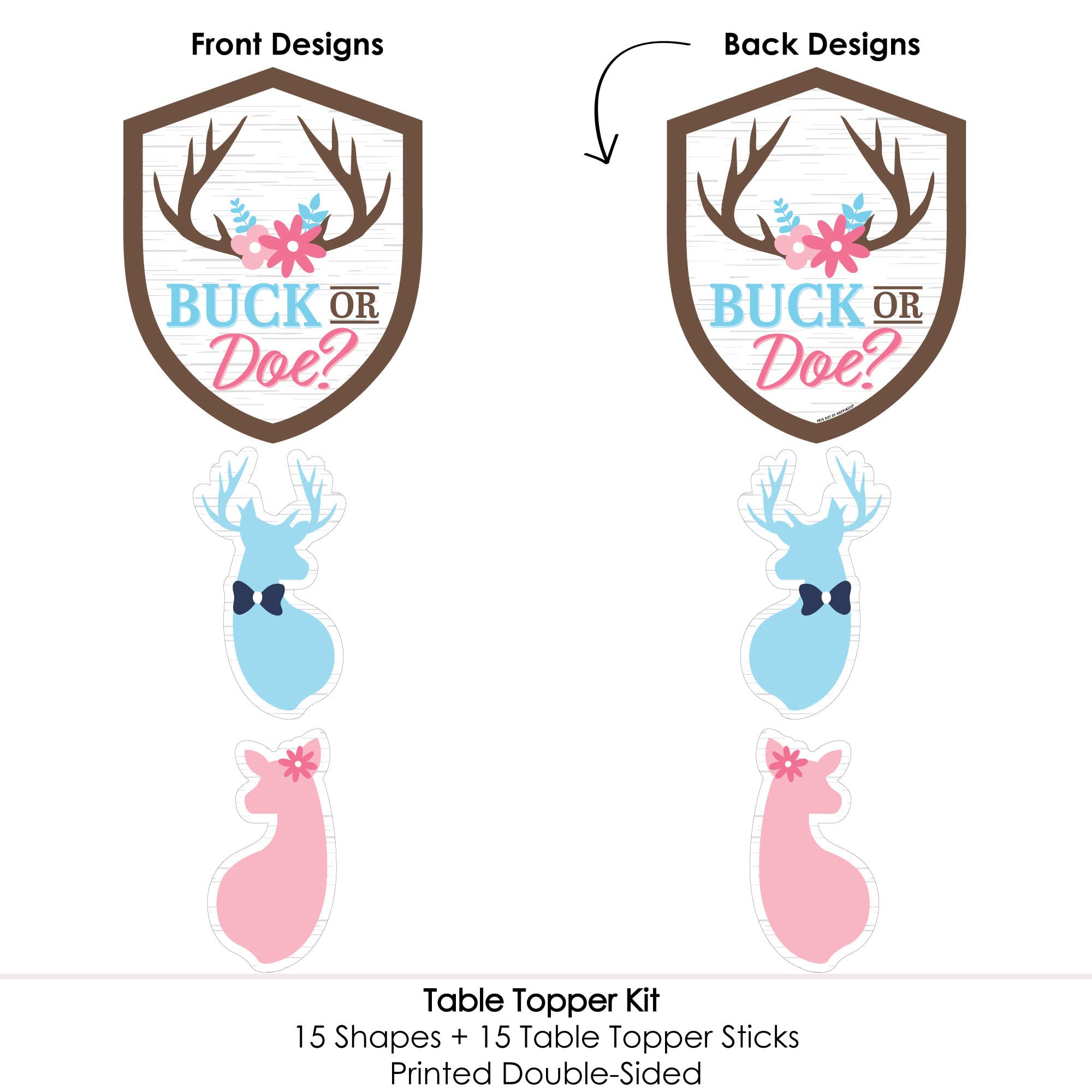 Buck or Doe Hunting Gender Reveal Party Decorations - Set of 15 Table Centerpiece Sticks for Baby Shower & Outdoor Themed Celebrations