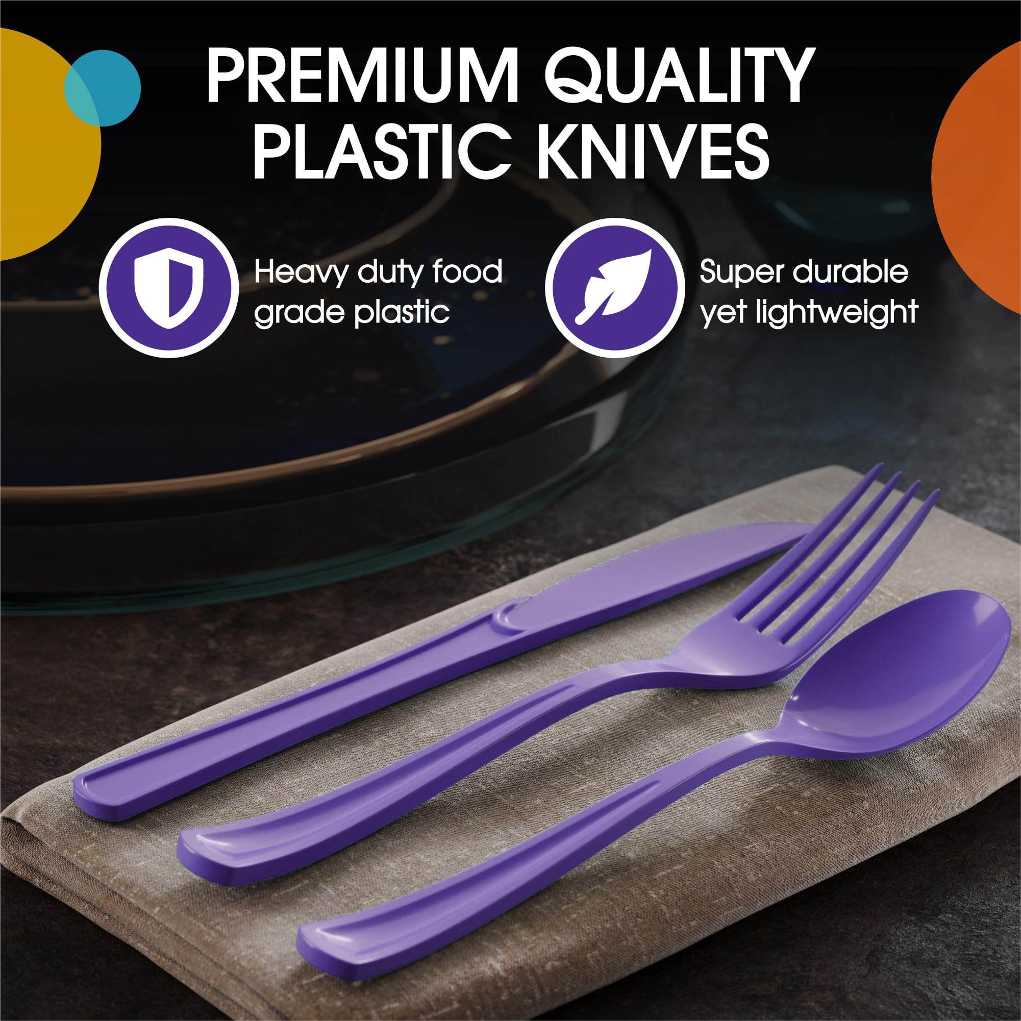 50-Pack Heavy Duty Disposable Purple Plastic Knives - Elegant Flatware for Parties, Picnics, BBQs & Events - Durable Cutlery Set for Catering, Home Use & Outdoor Dining