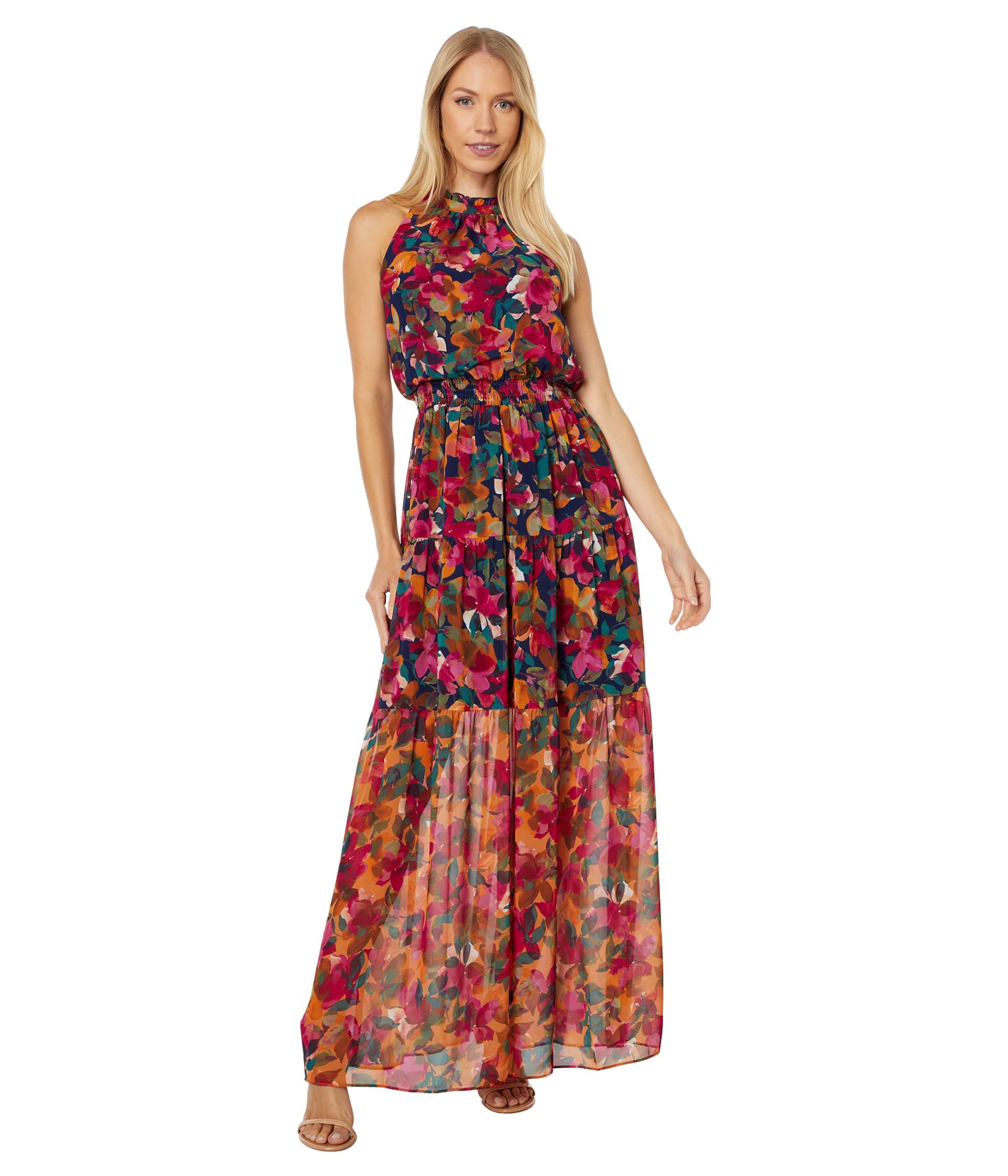 Vince Camuto Floral Printed Chiffon Maxi Dress with Ruffle Neckline & Smocked Waist - Elegant Summer Beach Wedding Guest Dress for Women