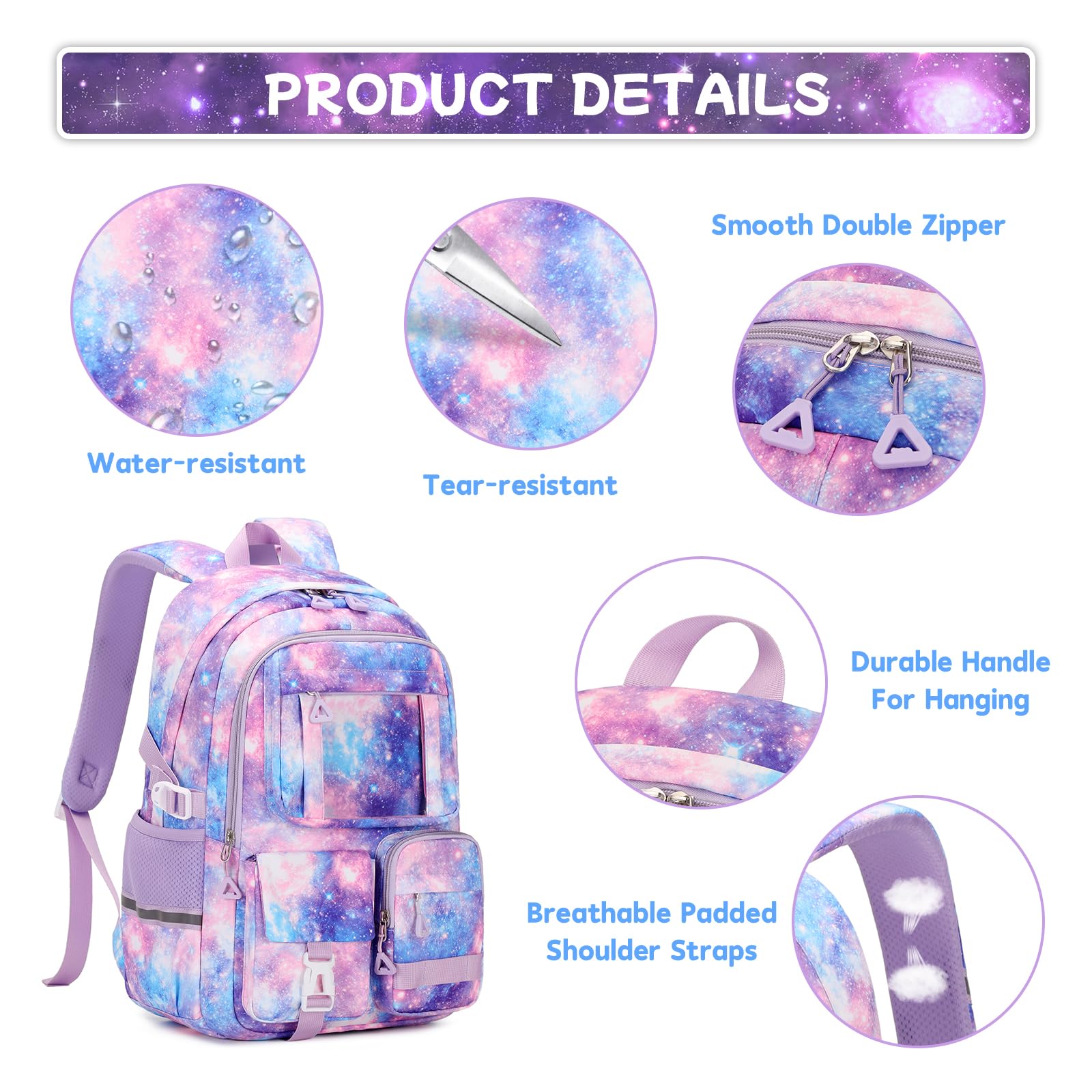 3-Piece Girls Backpack Set with Lunch Box - Cute Kawaii School Book Bag for Elementary & Middle School Students - Ita Backpack Galaxy Print - Perfect for School, Travel & Daily Use