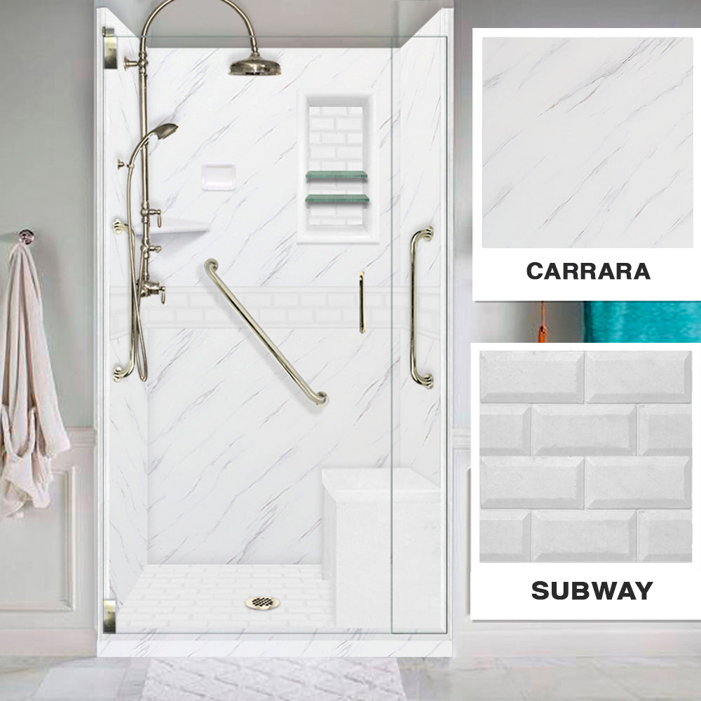 Freedom 60 Alcove DIY Shower Remodel Kit - Carrara Marble & Subway Stone Accent Wall Panel for Bathroom Renovation | Waterproof & Easy Installation | Perfect for Modern Home Upgrades