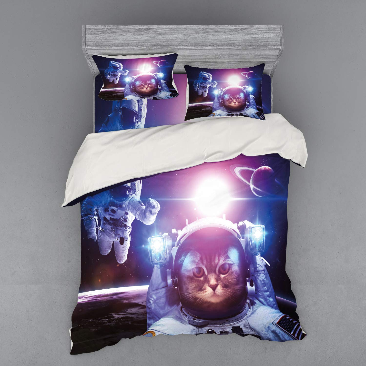 Ambesonne Space Cat Bedding Set - Queen Size 4-Piece Duvet Cover with Shams & Fitted Sheet, Astronaut & Nebula Galaxy Print in Dark Blue, White & Purple | Perfect for Sci-Fi Lovers, Kids Rooms & Unique Home Decor