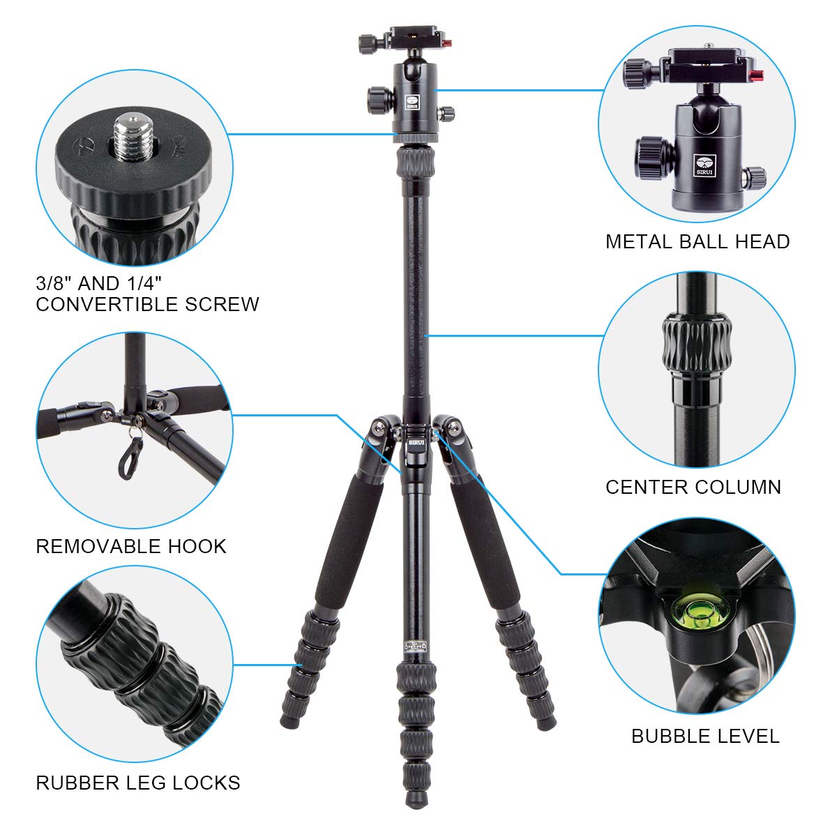 SIRUI AM-005K Ultra Lightweight Aluminum Travel Tripod with Ball Head - Compact & Stable for DSLR Cameras, Perfect for Travel, Hiking & Outdoor Photography (Black)