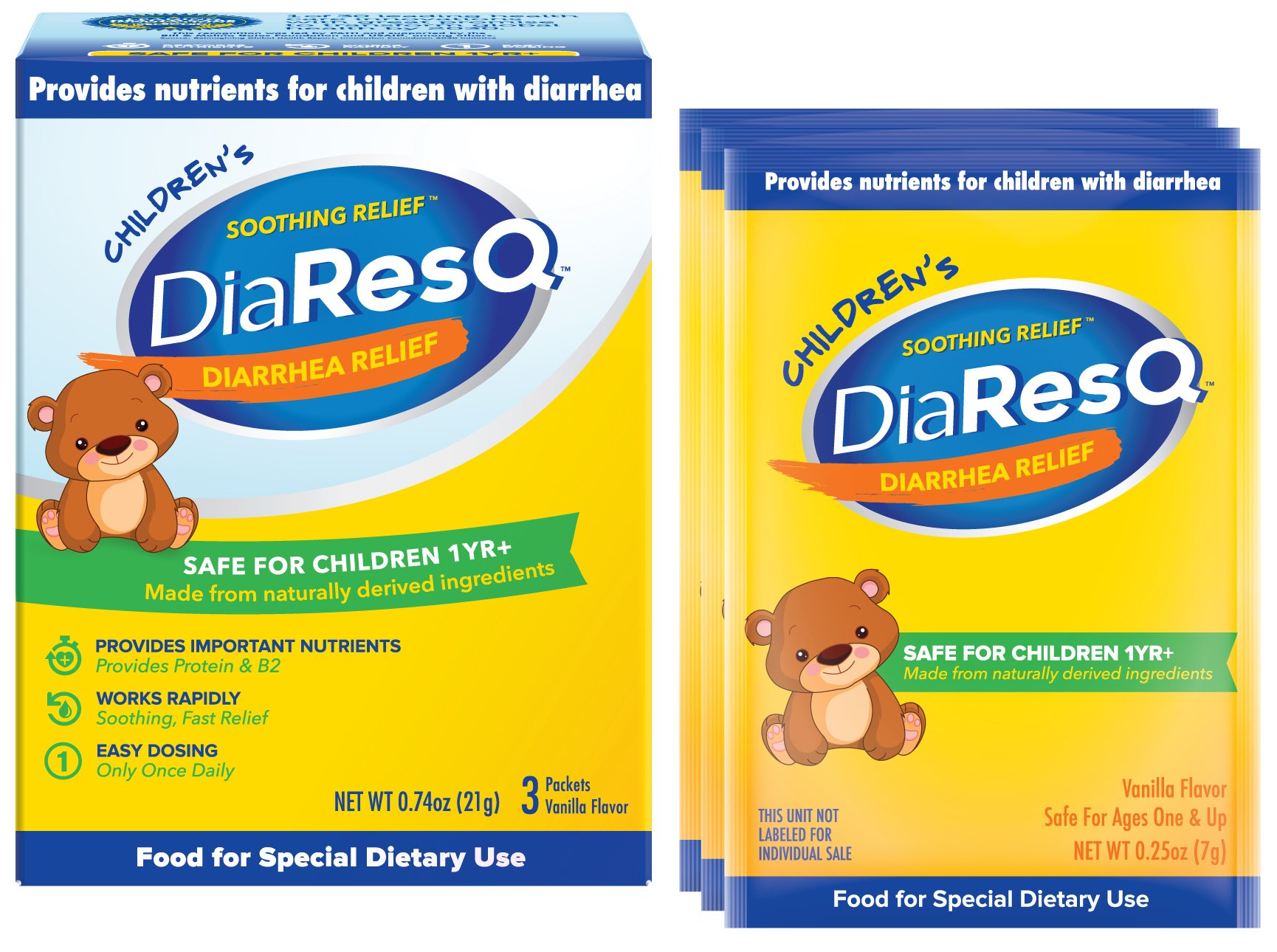 DiaResQ Children's Soothing Diarrhea Relief Fast-Acting Formula - 15 Packets (5 Packs of 3) | Gentle Stomach Support for Kids | Perfect for Travel, School & Emergency Kits