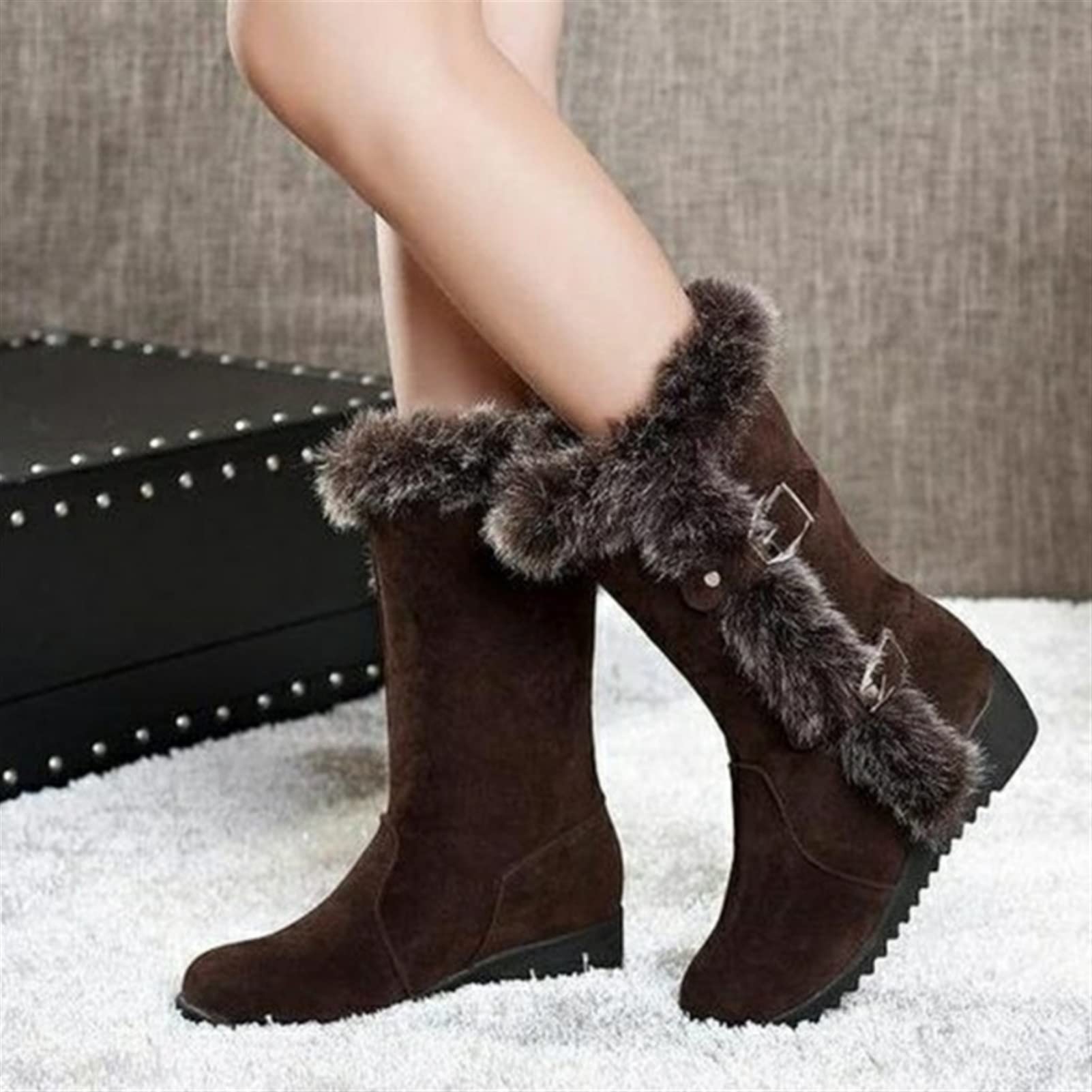 Women's Winter Boots - Warm Fur Lined Mid Calf Snow Boots Slip On Round Toe Wedge Heel Casual Shoes - Size 8 Black - Perfect for Snowy Days, Outdoor Activities & Winter Fashion