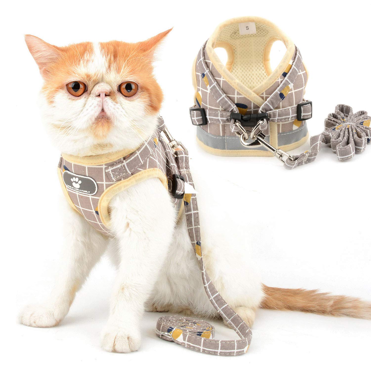 Zunea Escape Proof Cat & Small Dog Harness with Leash - Adjustable No Pull Reflective Step-in Vest, Mesh Padded Plaid Jacket for Kittens, Puppies, Chihuahuas (XS, Khaki) - Perfect for Safe Outdoor Walks, Park Visits & Training Sessions