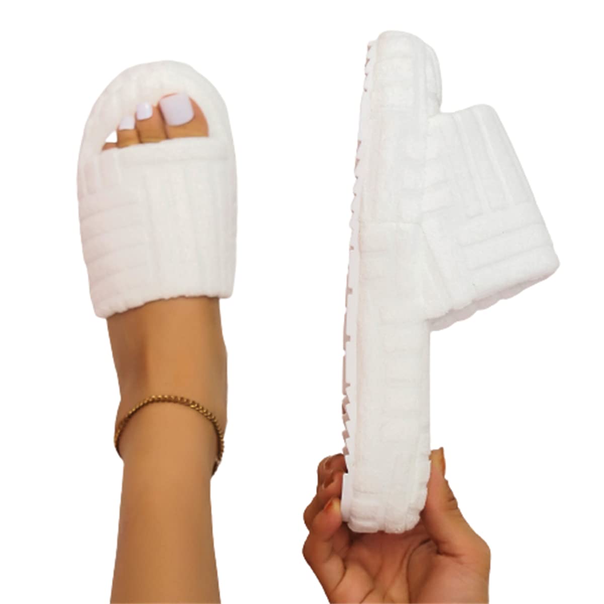 Women's Solid Color Terry Cloth Open Toe Platform Slippers - Soft & Comfortable Slide-On House Shoes for Relaxing at Home, Spa Days & Lounging