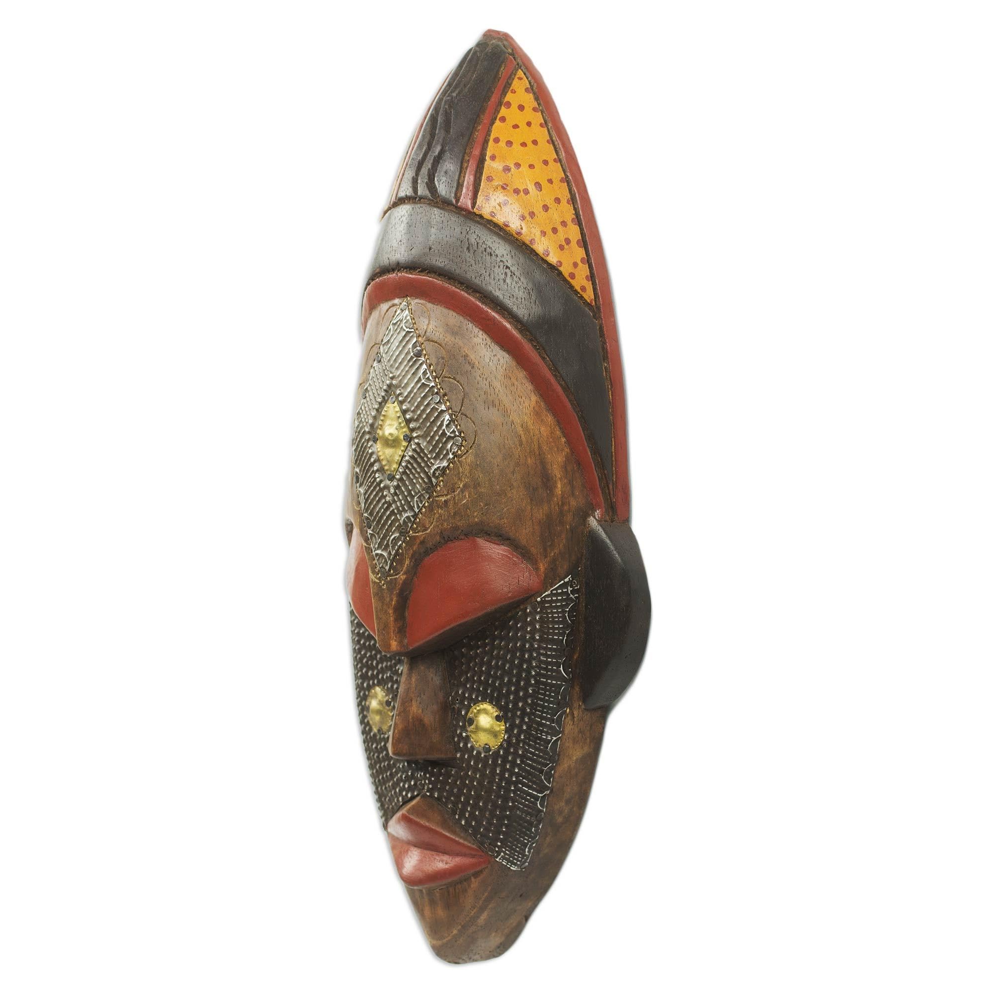 Handcrafted African Wood Wall Mask - Brown and Red Dan Beauty Tribal Art for Home Decor | Unique Cultural Wall Hanging for Living Room, Bedroom & Office