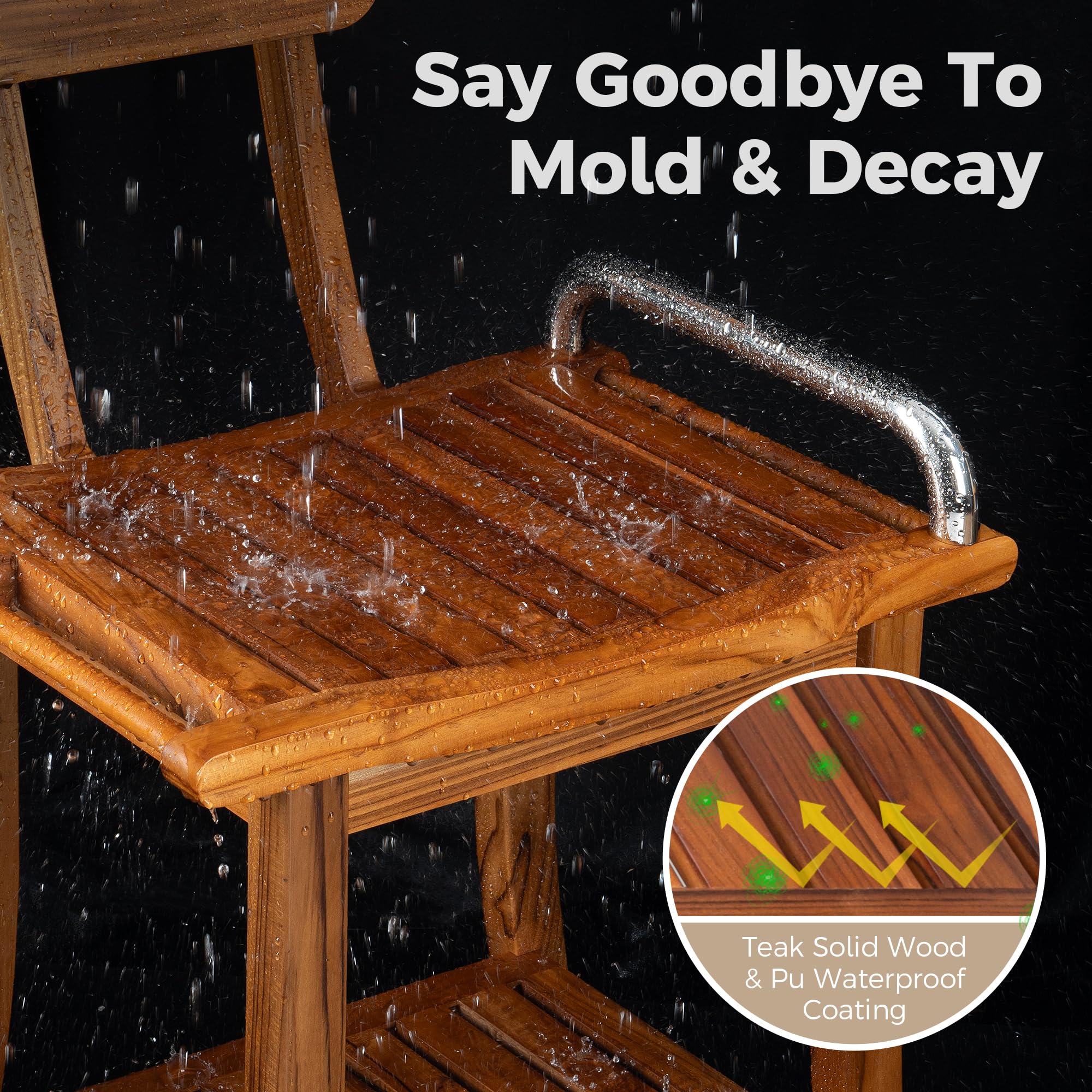 **Premium Teak Shower Bench with Backrest & Handles – 19