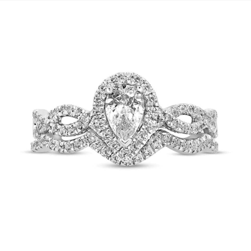 1.3 Carat Moissanite Halo Engagement Ring & Wedding Band Set for Women - 925 Sterling Silver Pear-Shaped Twist Bridal Jewelry Set (Size 4-12) | Perfect for Proposals, Anniversaries & Bridal Occasions