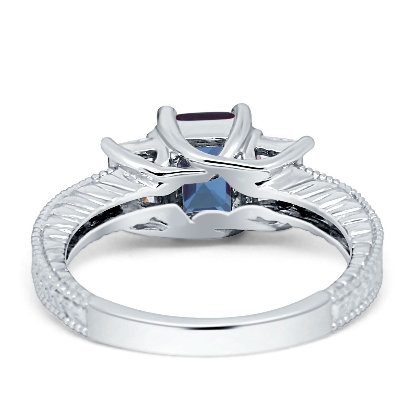 14K White Gold Three Stone Round & Emerald Cut Lab Alexandrite Milgrain Ring for Engagement, Wedding, Anniversary - Elegant Vintage Jewelry Gift for Her