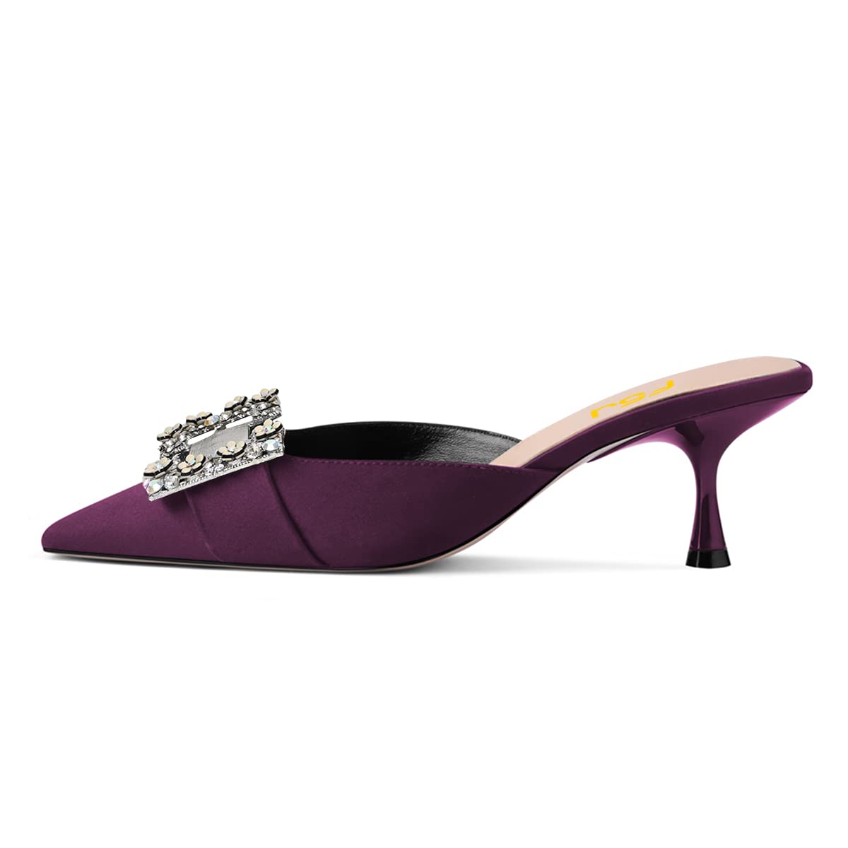 FSJ Women's Rhinestone Floral Square Toe Mule Sandals - Low Kitten Heel Slip On Slides with Metal Buckle, Backless Dressy Slippers for Evening Wear (US Size 4-15) | Perfect for Weddings, Parties & Summer Outfits