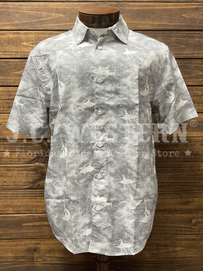 Guy Harvey GHV56052 SGY Men's Performance Fishing Shirt - Quick Dry, UV Protection, Breathable Urban Palms Design in Silver Grey for Saltwater Fishing & Outdoor Adventures