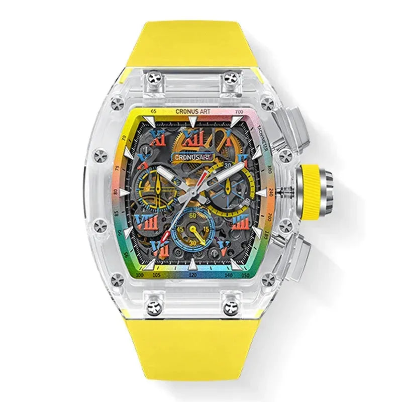 CRONUSART Men's Chronograph Watch 50mm x 42mm Tonneau Mechanical Wristwatch with Sapphire Case, Luminous Fluororubber Strap & Skeleton Dial - Perfect for Business, Casual Wear & Outdoor Activities