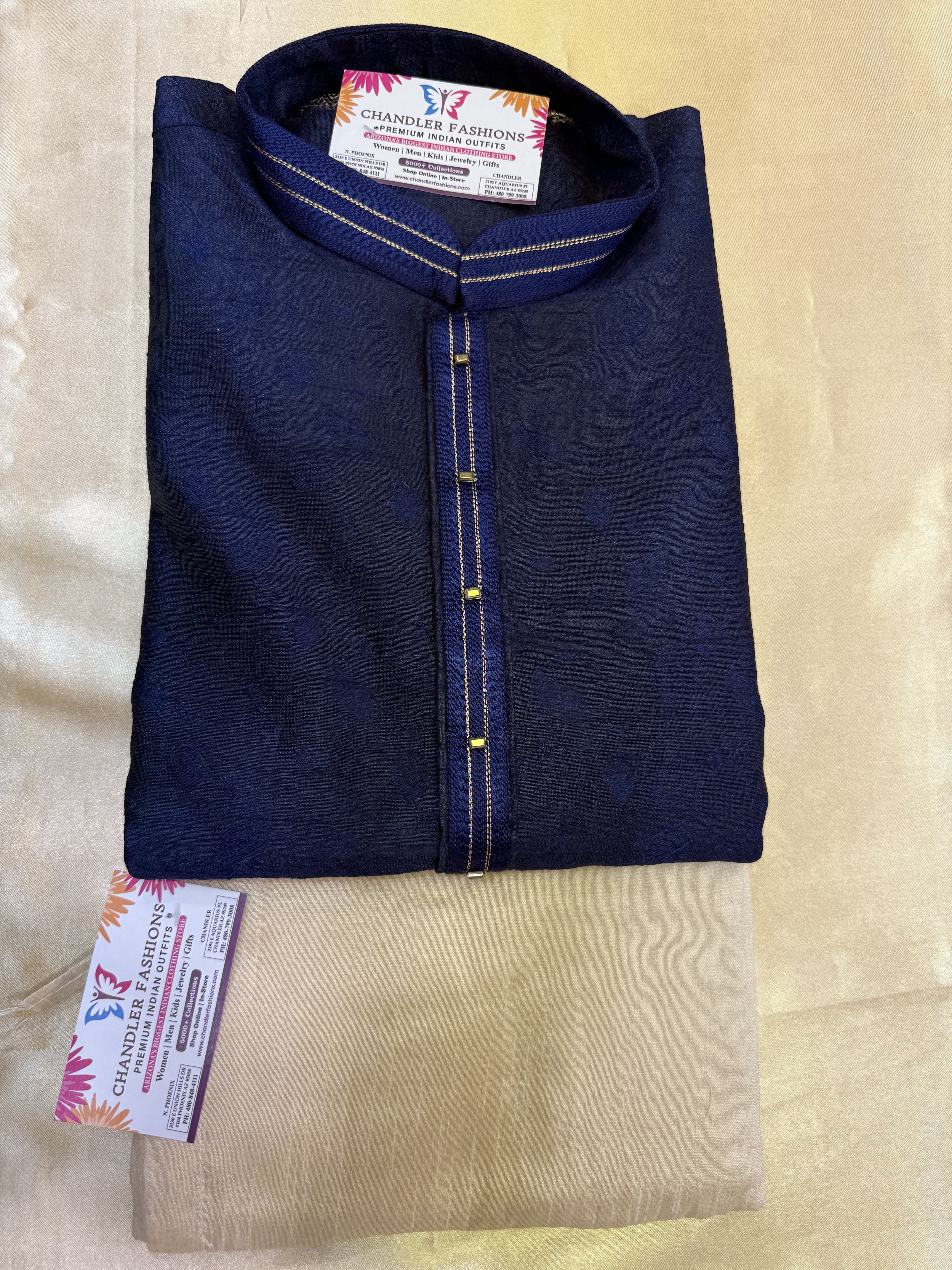 Elegant Dark Blue Jacquard Silk Embroidered Men's Kurta - Traditional Indian Tunic for Weddings, Festivals & Special Occasions