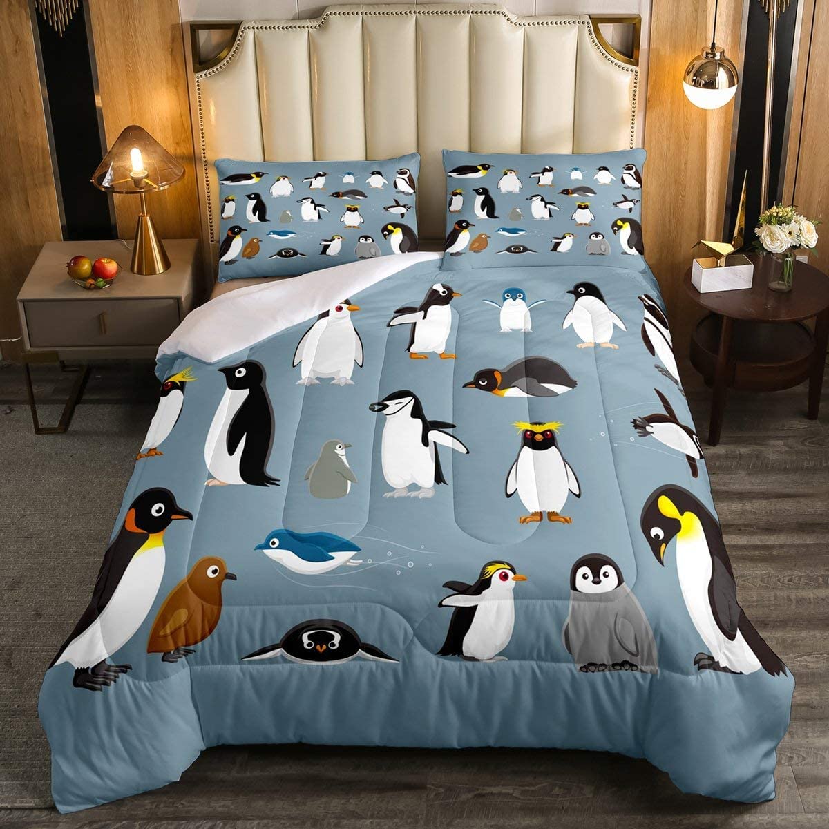 Erosebridal Antarctica Penguins Bedding Set for Boys & Kids - Full Size Wildlife Animal Comforter Set with Cartoon Little Penguins, Cute Wild Safari Theme Quilted Duvet Cover - Perfect for Kids' Bedroom Decor & Wildlife Themed Nursery