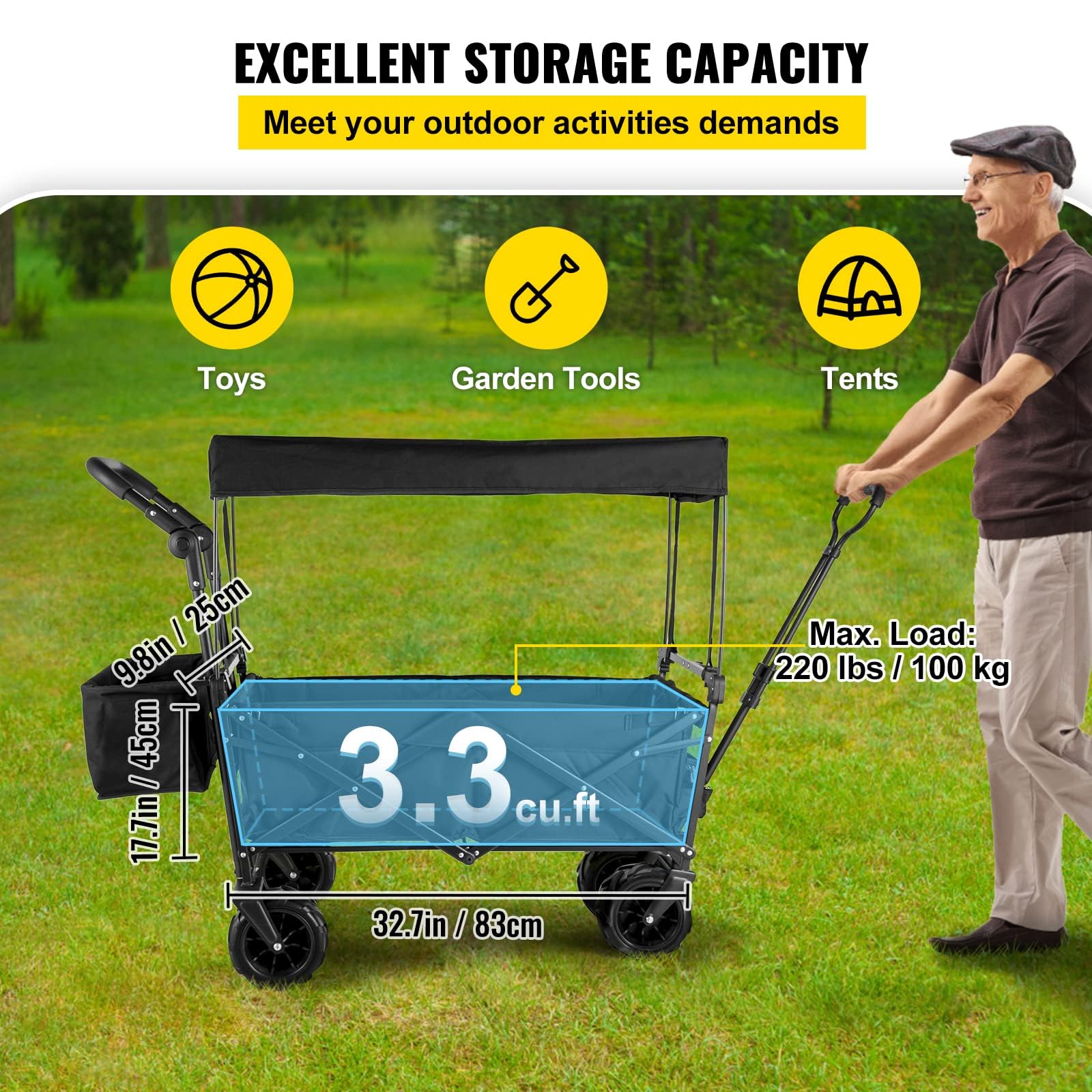 VEVOR Heavy Duty Collapsible Wagon with Removable Canopy - 220lbs Capacity Foldable Utility Cart with Large All-Terrain Wheels & Adjustable Push/Pull Handles - Perfect for Beach Trips, Camping, Grocery Shopping & Outdoor Adventures