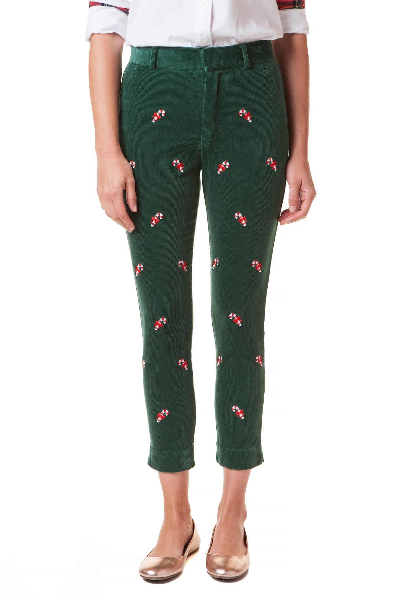 Stretch Corduroy Ankle Pants for Women - Beachcomber Capri Hunter with Candy Cane Design - Comfortable Casual Pants for Beach, Travel and Everyday Wear