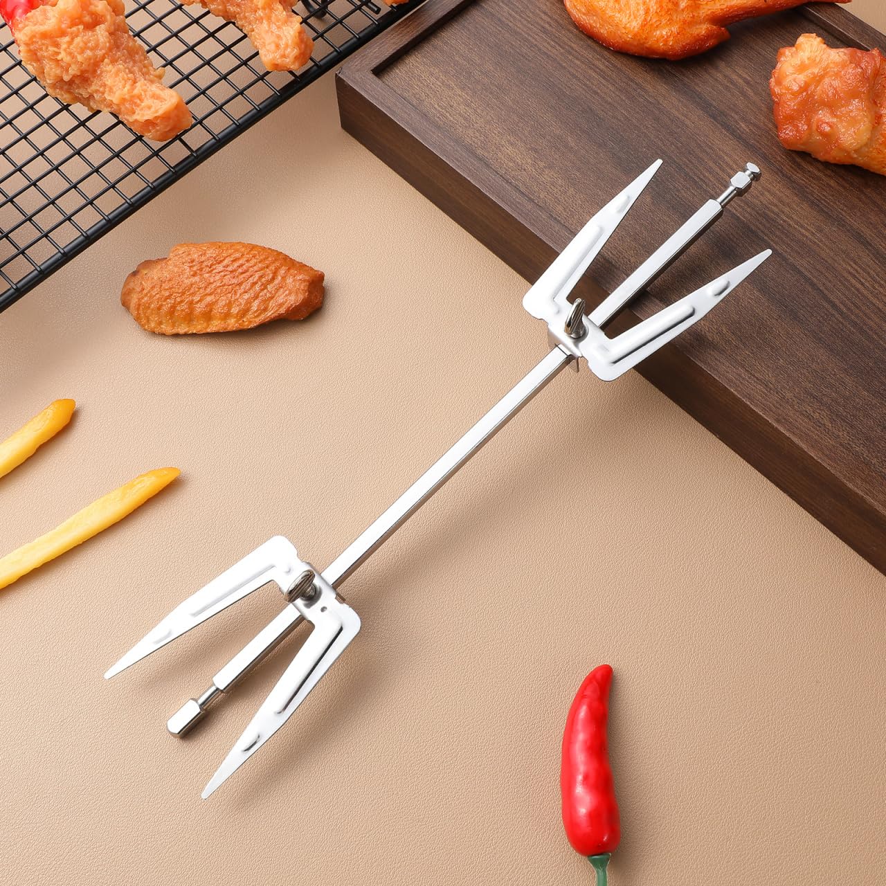 Premium Stainless Steel Roast Chicken Fork - Universal Grill Fork for Air Fryer, BBQ, Meat Skewers & Kabobs - Heavy Duty Kitchen Tool for Grilling, Roasting & Air Frying - Perfect for Outdoor Cooking, Camping & Backyard BBQs